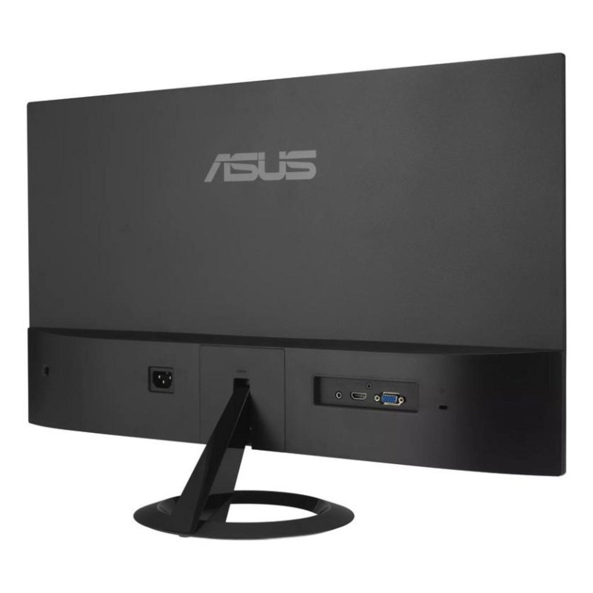 Standı ve görünür bağlantı noktaları olan siyah bir ASUS bilgisayar monitörünün arkası.