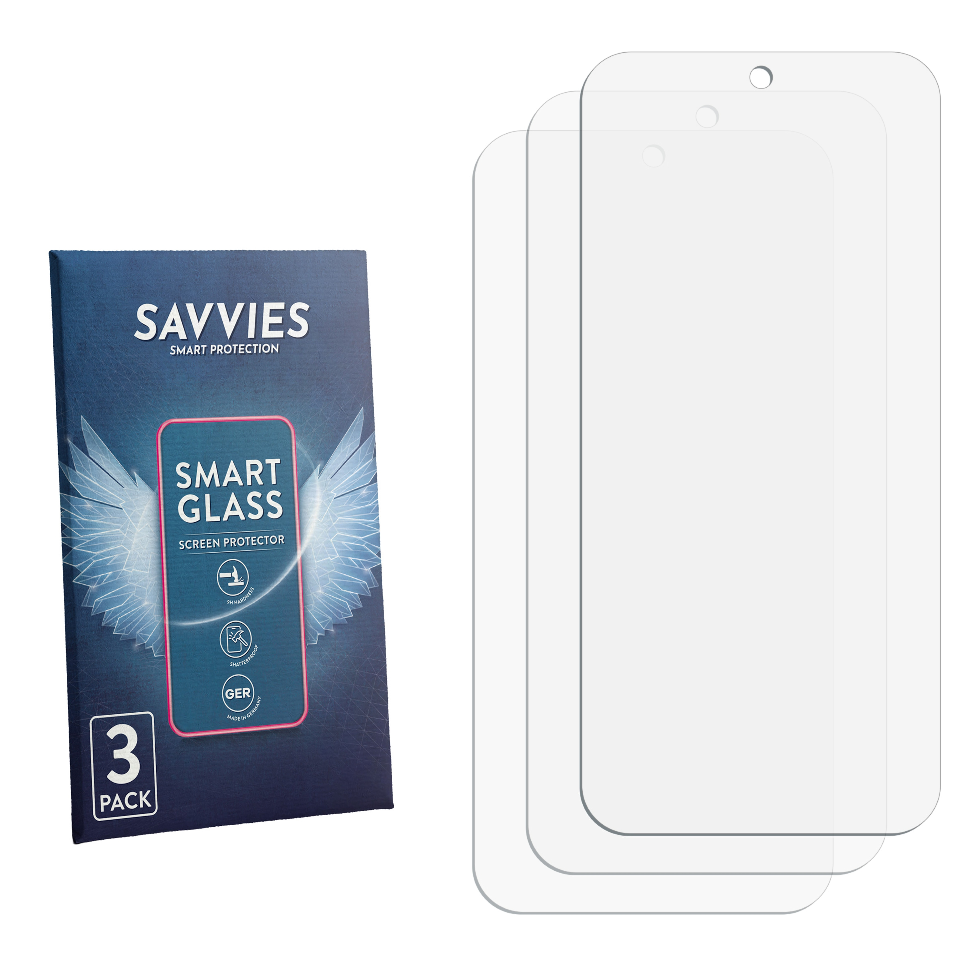 Drei klare Displayschutzfolien neben einer blauen Savvies 3-Pack Verpackung.