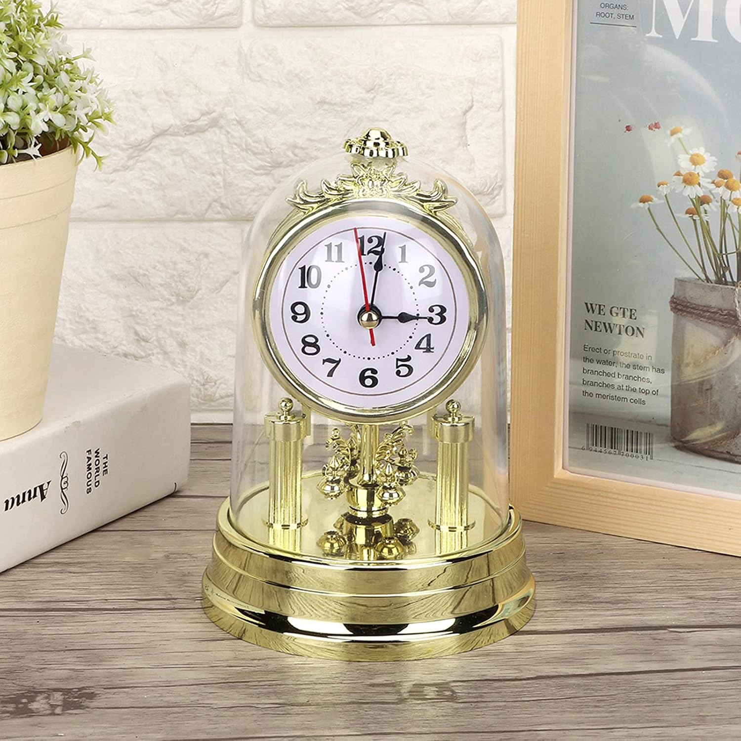 Eine goldgerahmte Uhr unter einer Glasglocke steht auf einem Holztisch, flankiert von Büchern und einem Bilderrahmen.