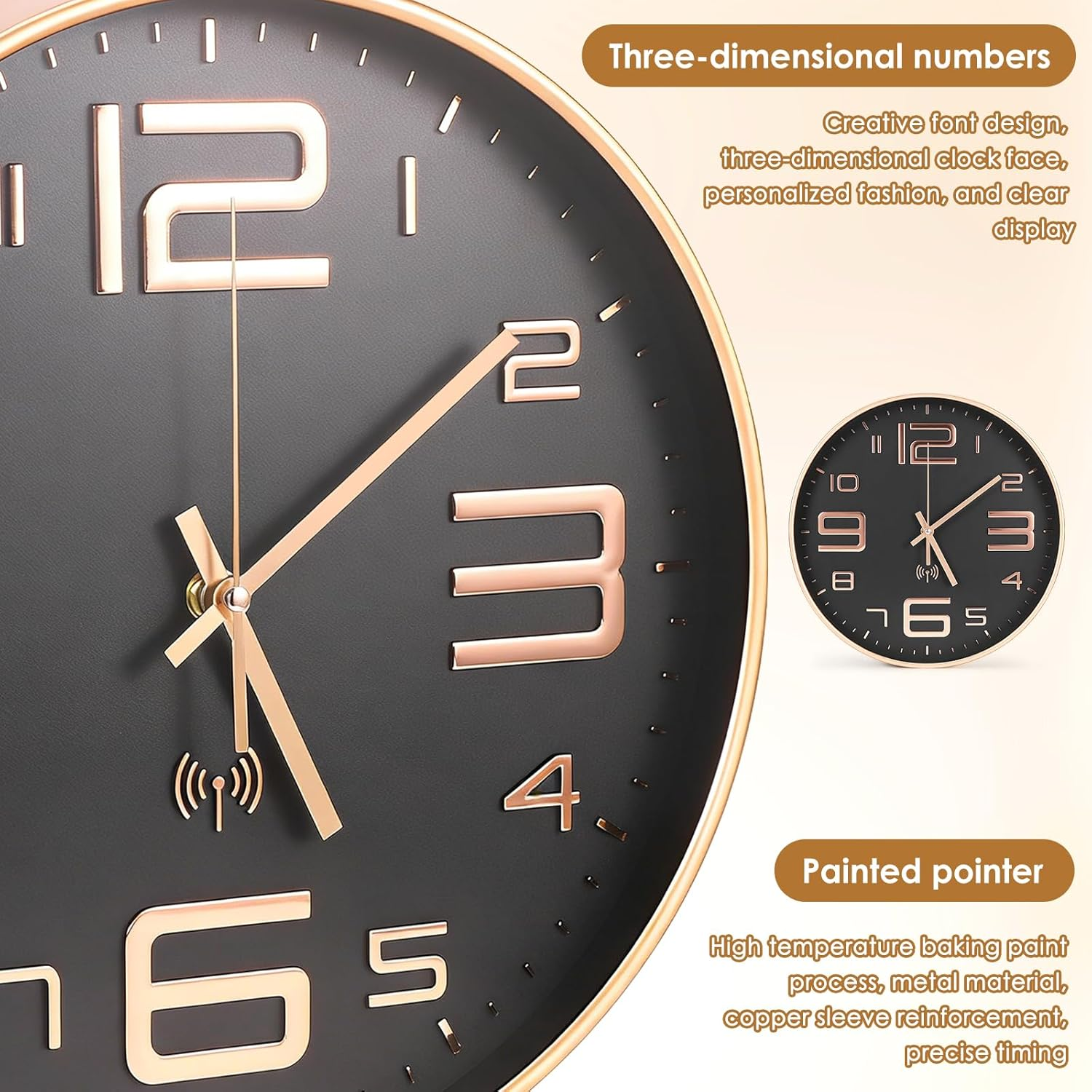 Schwarze Wanduhr mit roségoldenen 3D-Zahlen und Zeigern, gerahmt in Roségold mit Text.