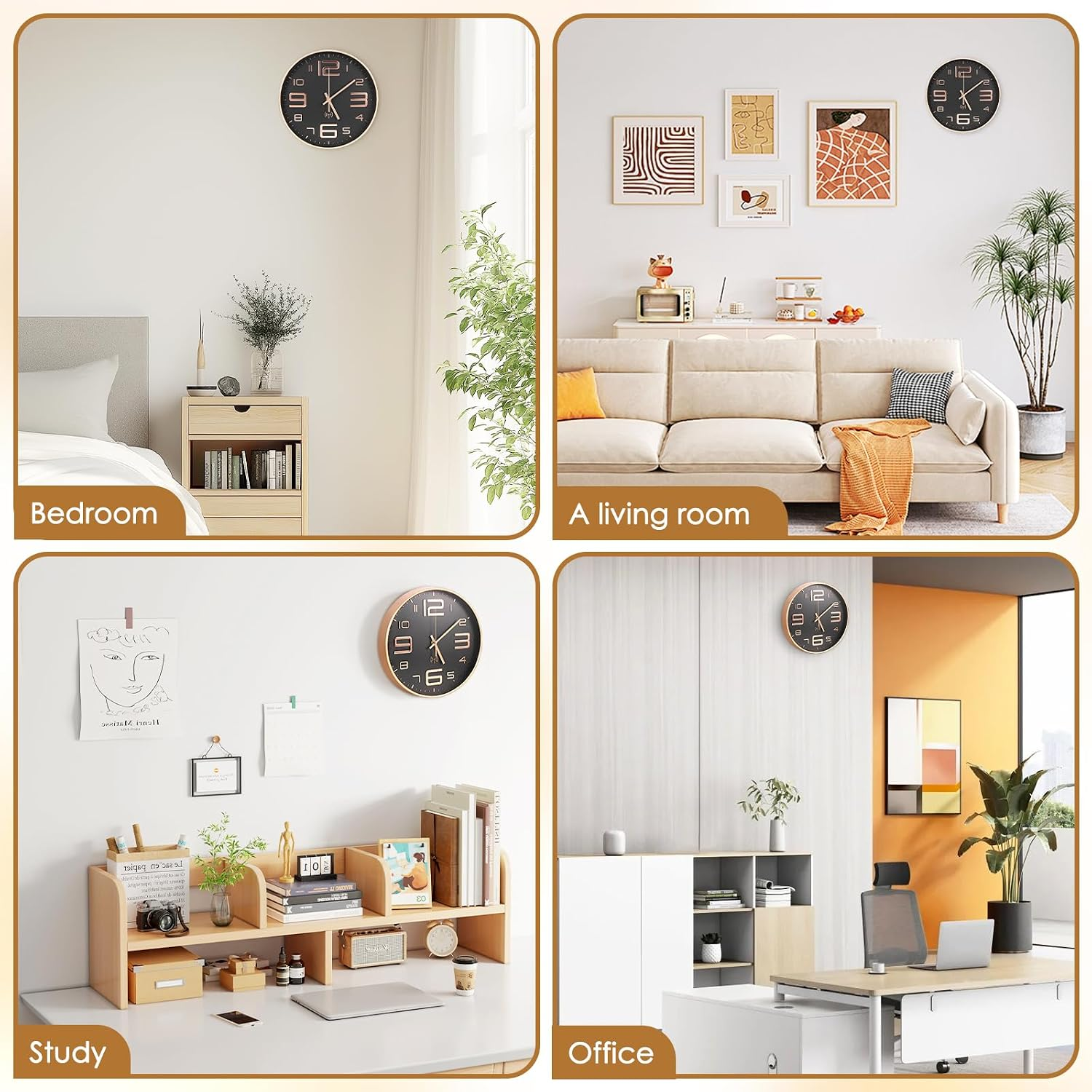 Ein vierteiliges Bild mit einer schwarzen Wanduhr im Schlafzimmer, Wohnzimmer, Arbeitszimmer und Büro.