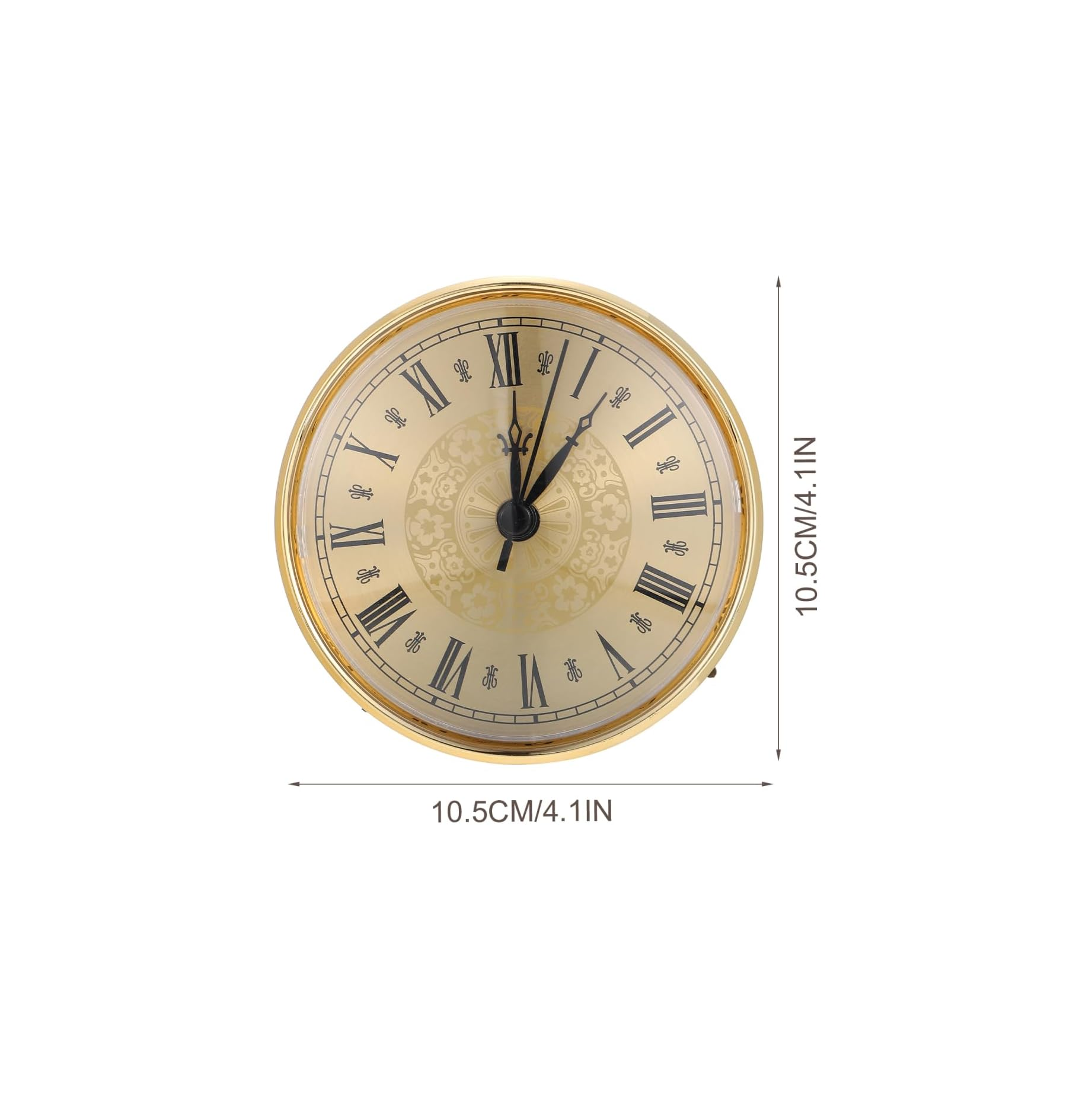 Runde goldene Uhr mit römischen Ziffern, 10,5 cm groß auf weißem Hintergrund.