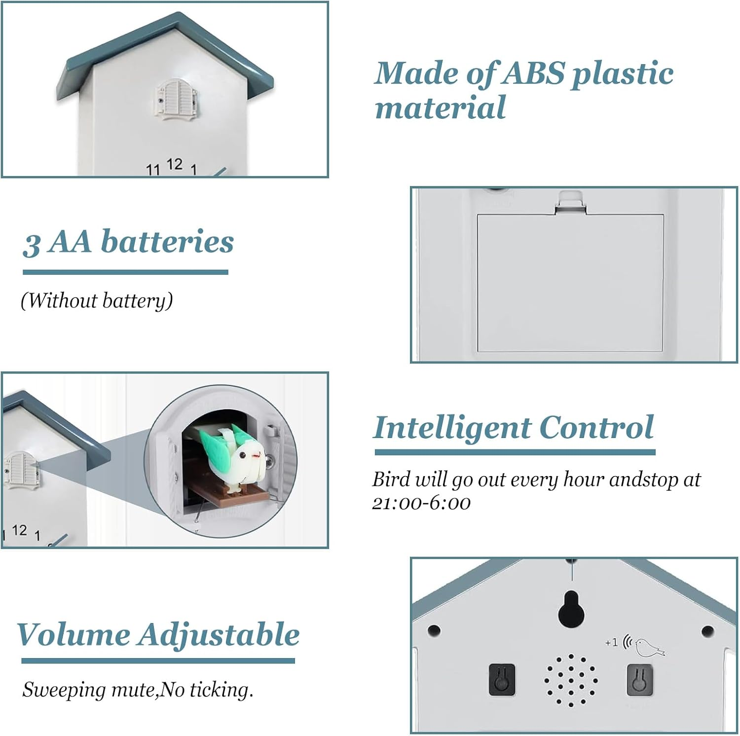 Produktmerkmale einer Kuckucksuhr: ABS-Plastik, Batteriebetrieb, stündlicher Vogel, Lautstärkeregler und stumm.
