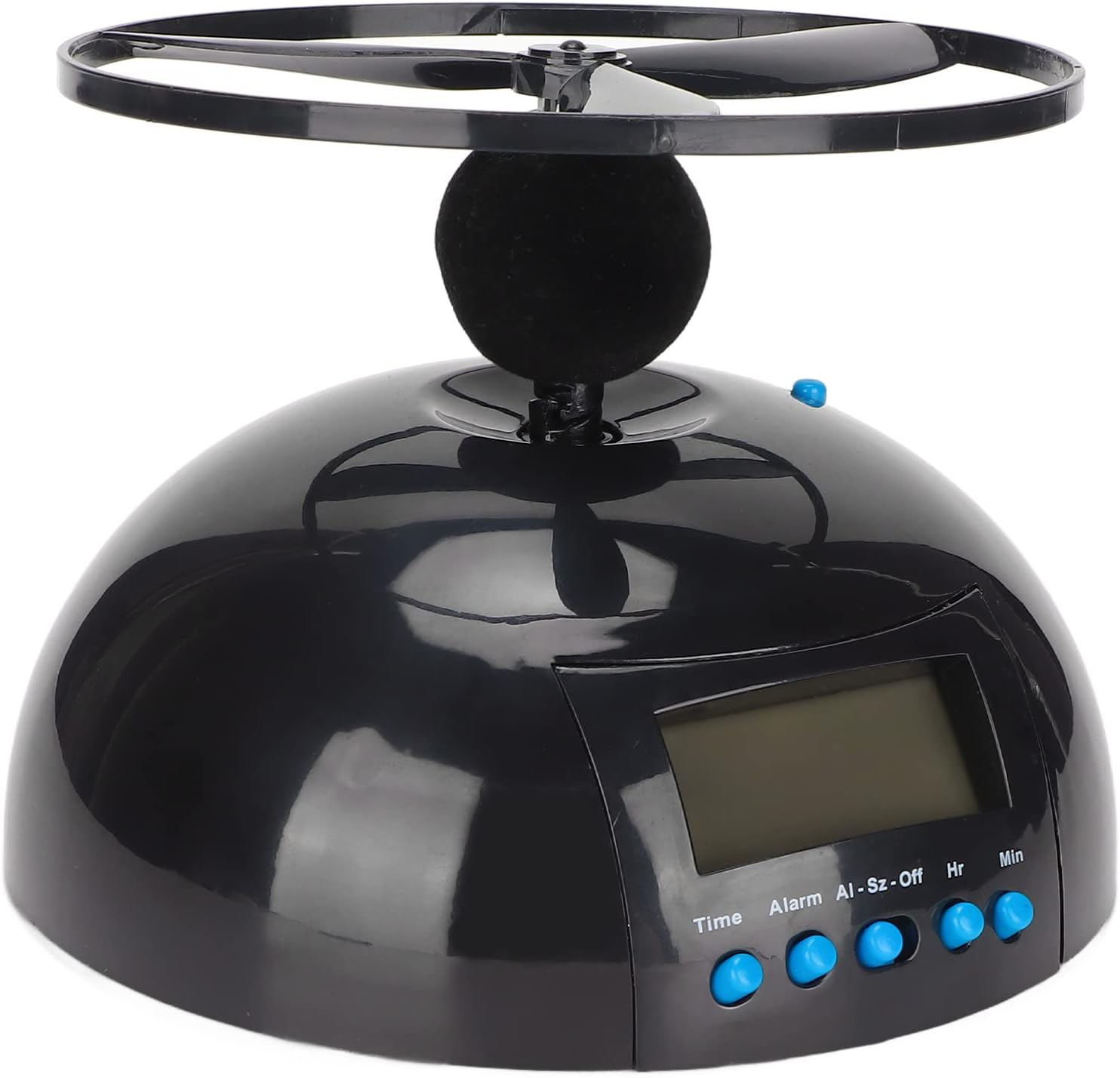 Ein schwarzer Wecker mit digitaler Anzeige und einem Hubschrauberrotor oben.
