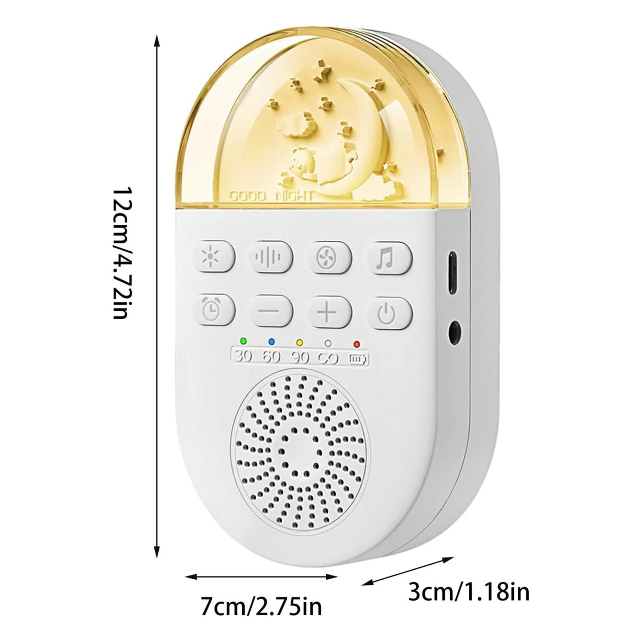 Weißes weißes Sound-Machine-Gerät mit Tasten, Lautsprecher und Maßen: 12cm Höhe, 7cm Breite, 3cm Tiefe.