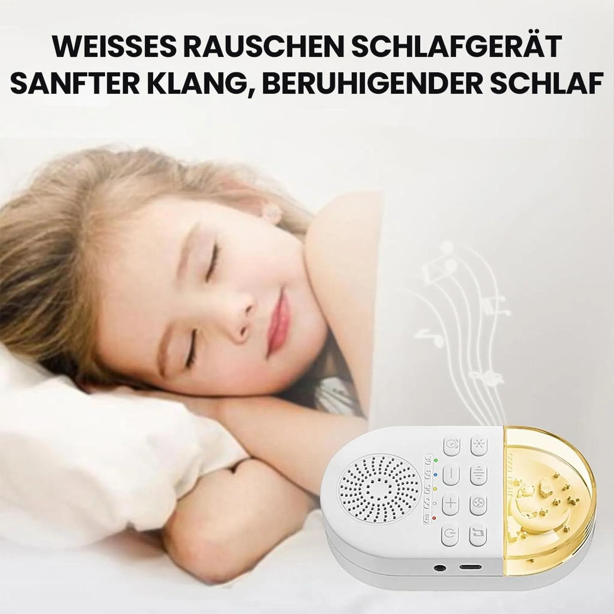 Ein Kind schläft friedlich neben einem weissen Geräuschgenerator mit Musiknoten.
