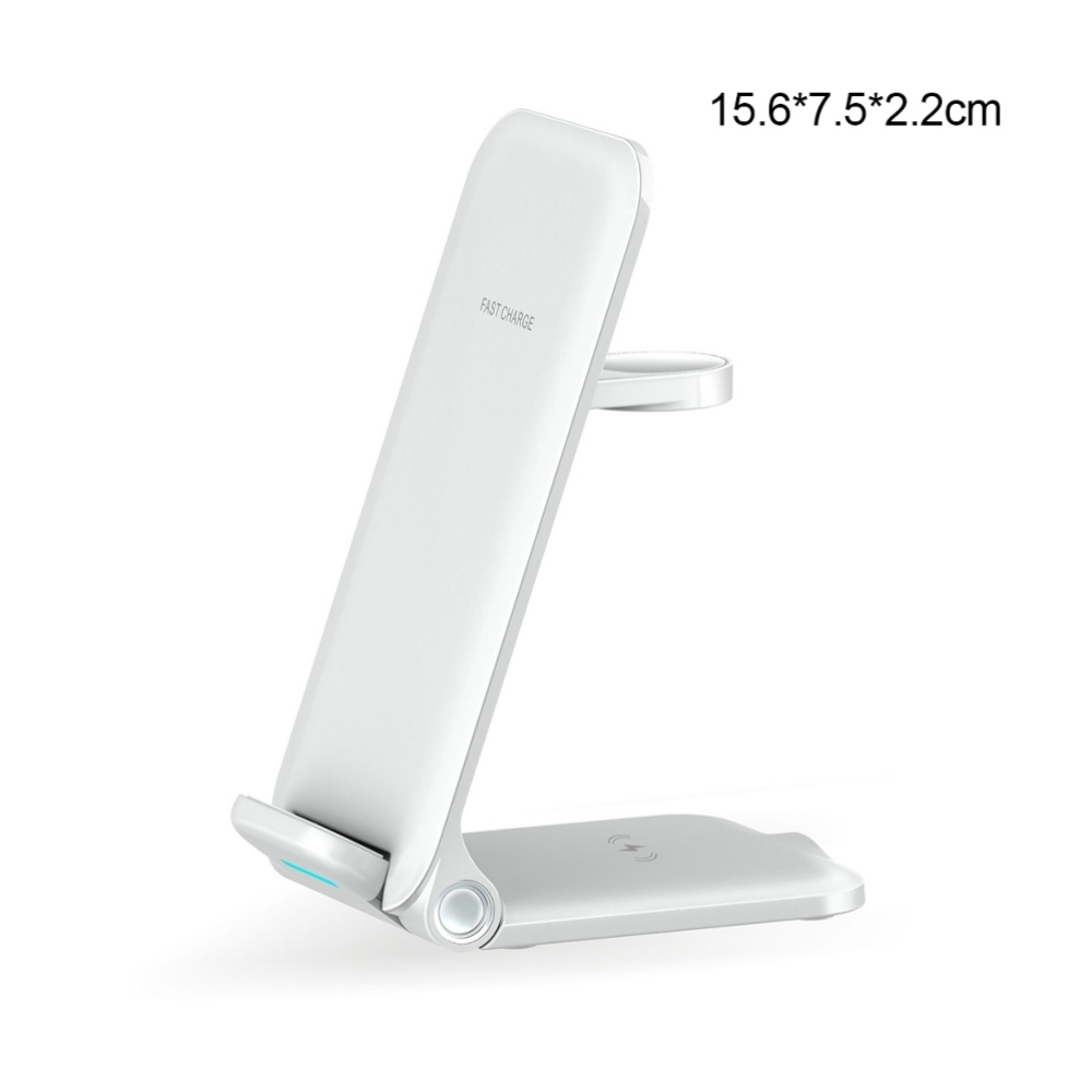 Ein weißer, faltbarer 3-in-1-Wireless-Ladeständer mit den Maßen 15,6x7,5x2,2cm auf weißem Hintergrund.