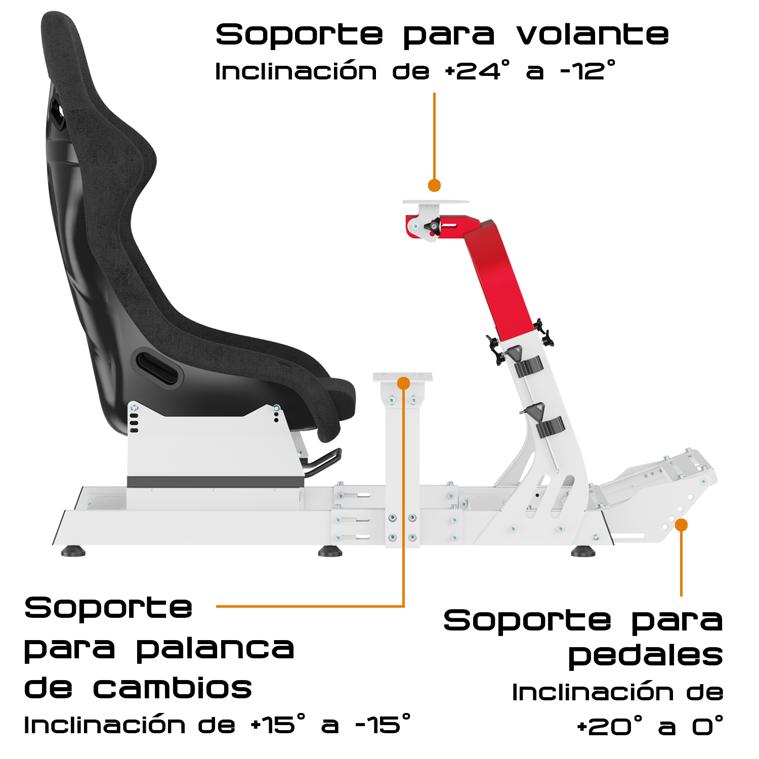 Cabina de simulador de carreras en blanco y negro con soportes ajustables para volante, palanca y pedales.