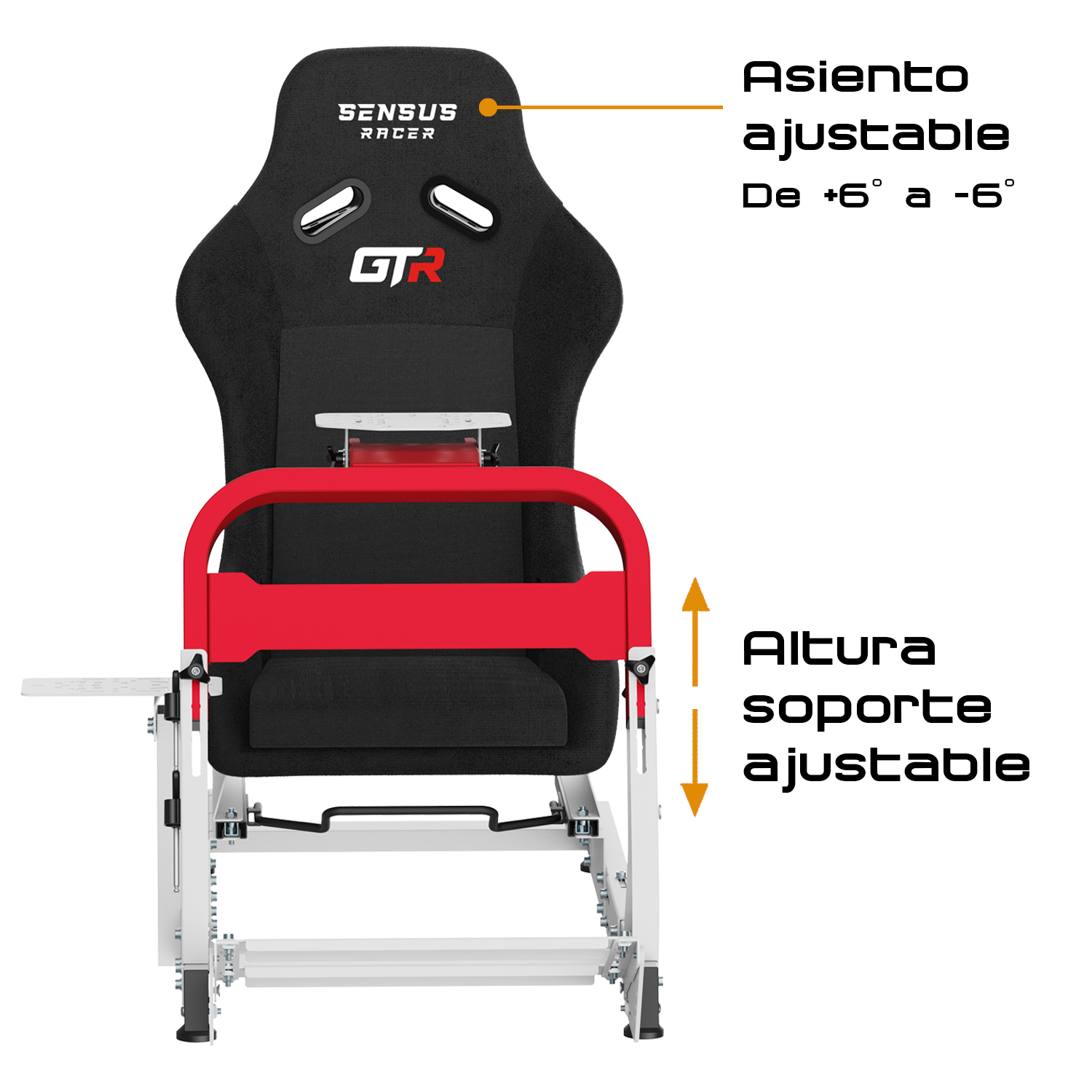 Asiento de carreras negro con estructura roja y base blanca sobre fondo blanco con texto.