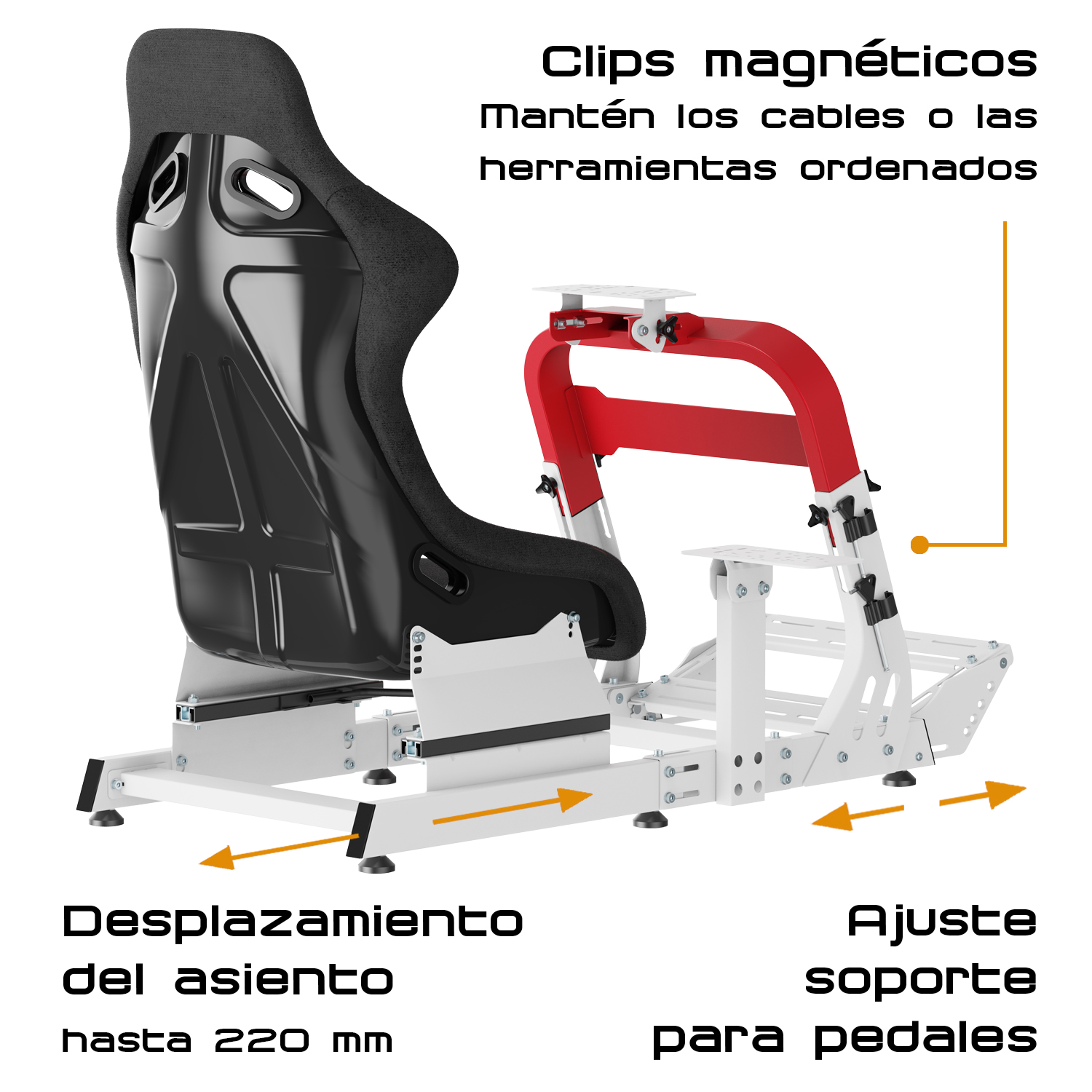 Un asiento de simulador de carreras negro sobre una estructura metálica blanca y roja con piezas ajustables y texto.