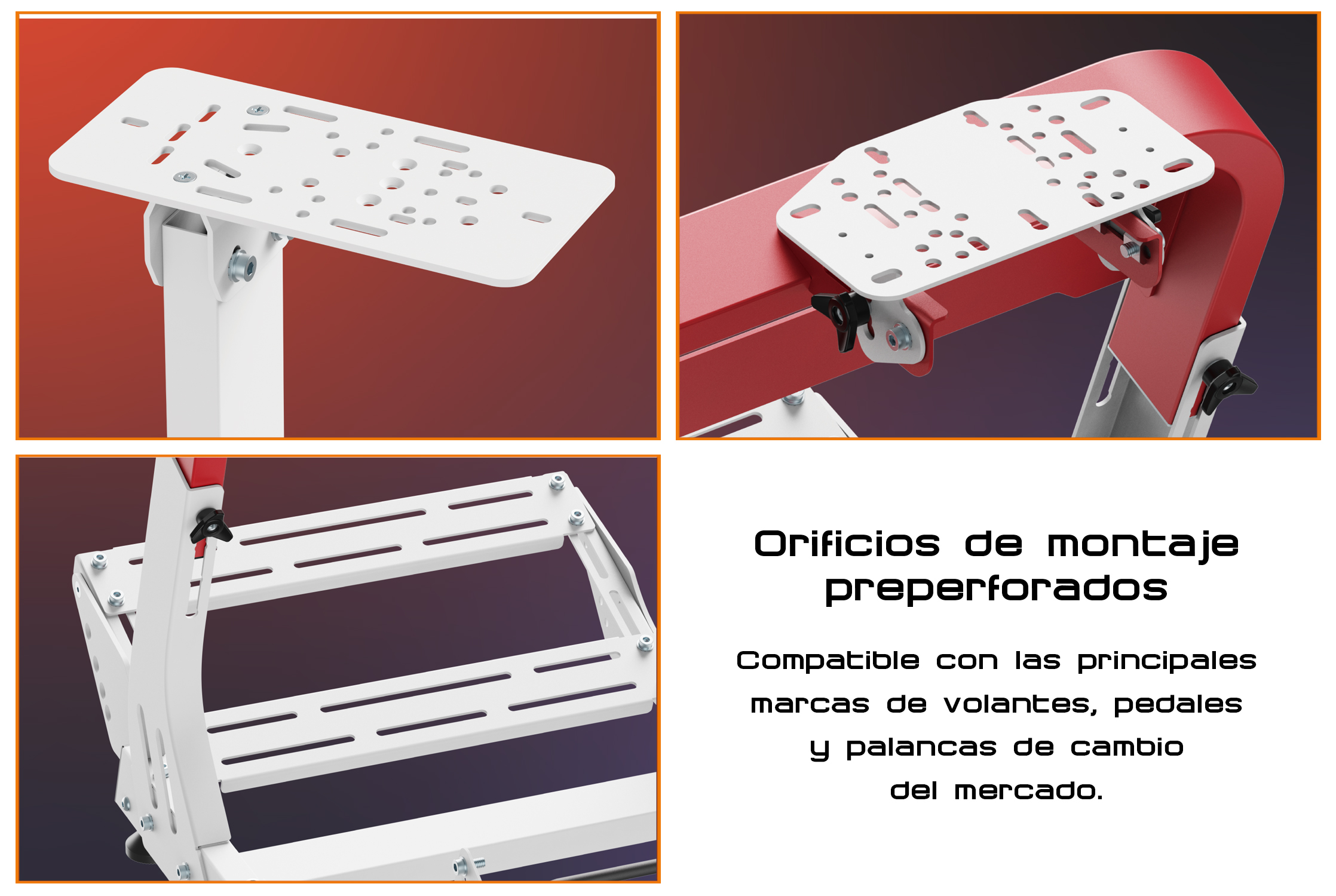 Varias vistas de placas de montaje pretaladradas para accesorios de simulador de carreras sobre fondo rojo y oscuro.
