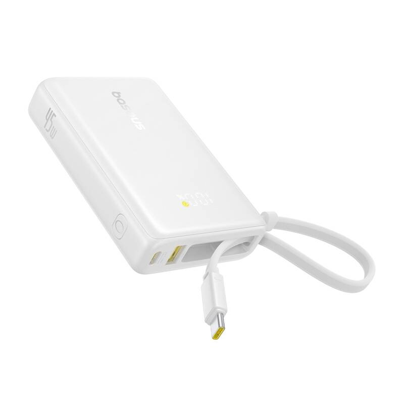 Un power bank Baseus bianco con cavo USB-C integrato e display digitale su sfondo bianco.