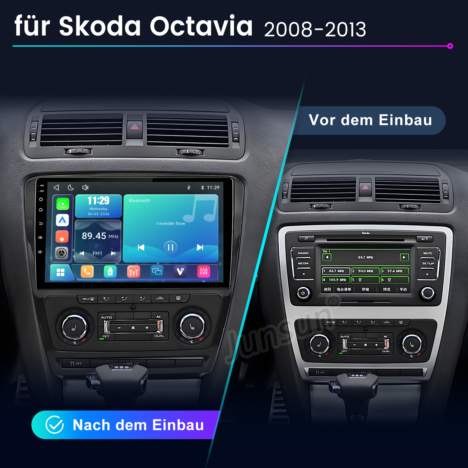 Vergleich Skoda Octavia Konsole: Vor dem Einbau mit kleinerem Radio, nach dem Einbau mit großem Touchscreen.
