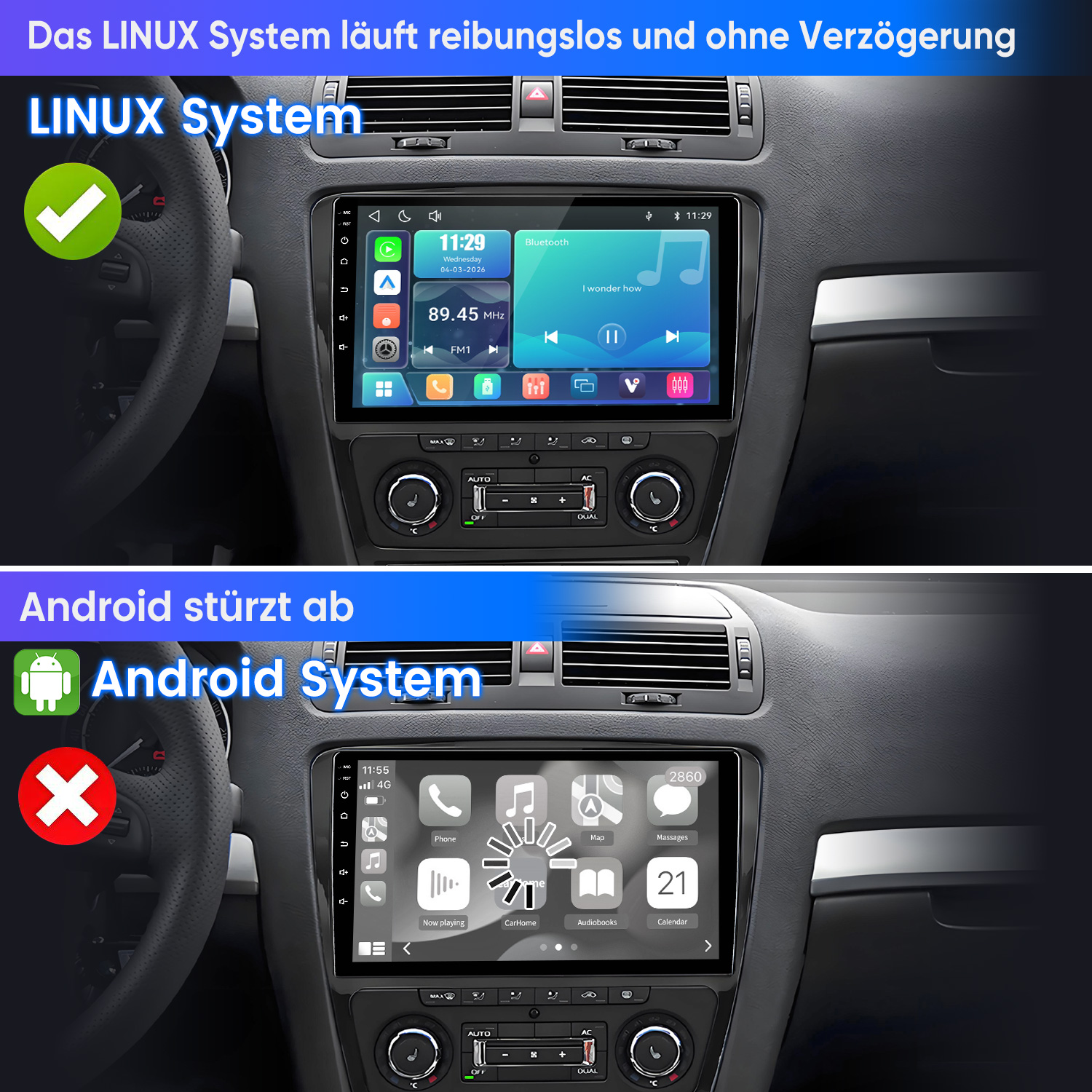Vergleich eines reibungslosen Linux-Autodisplays und eines abstürzenden Android-Systems.