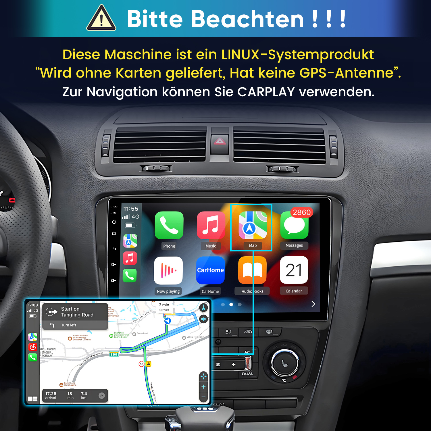 Linux-Autoradio mit CarPlay-Navigation, App-Icons auf dem Display und einem eingeblendeten Routenplan.