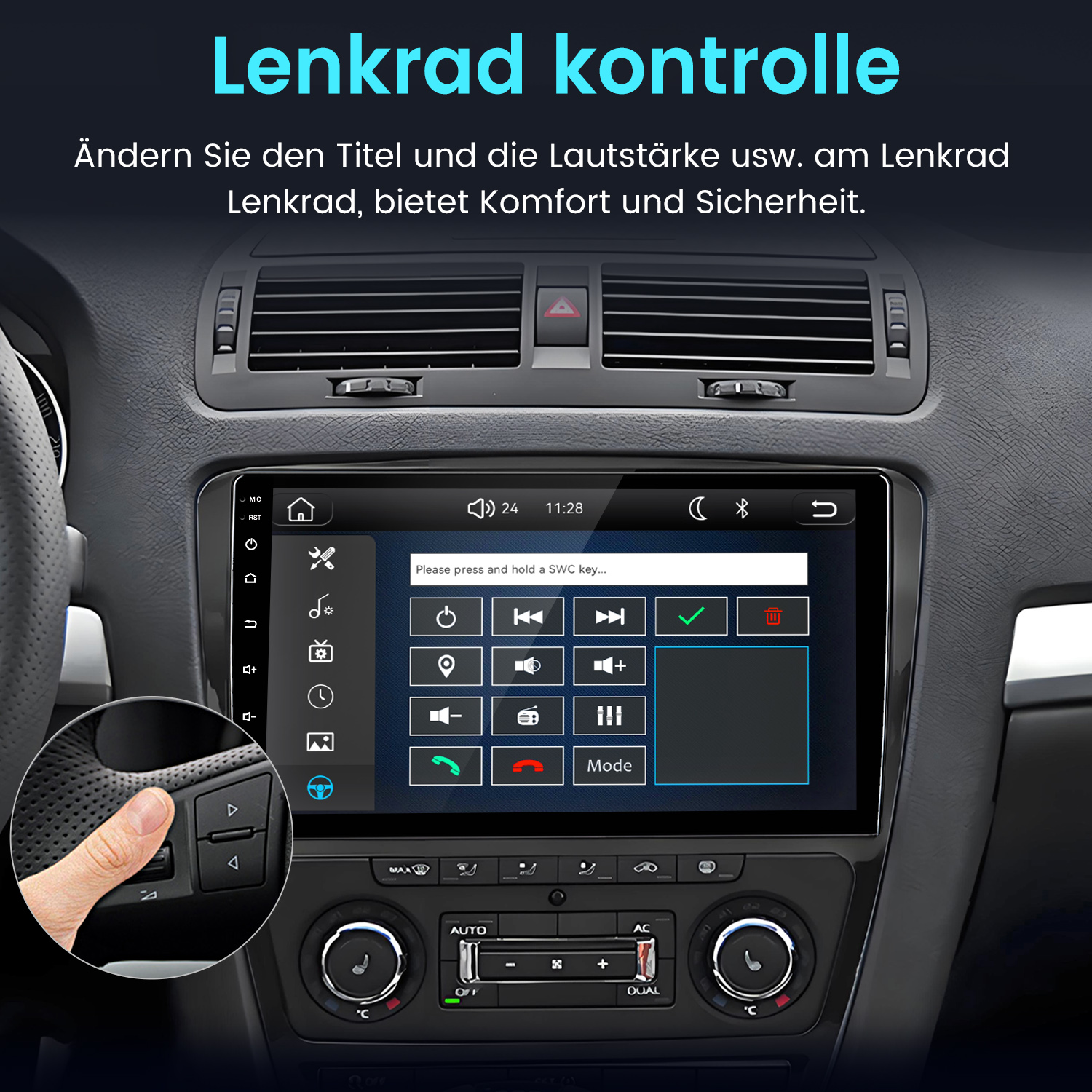 Autoinnenraum mit Touchscreen und Zoom auf Lenkradsteuerung mit Tasten.