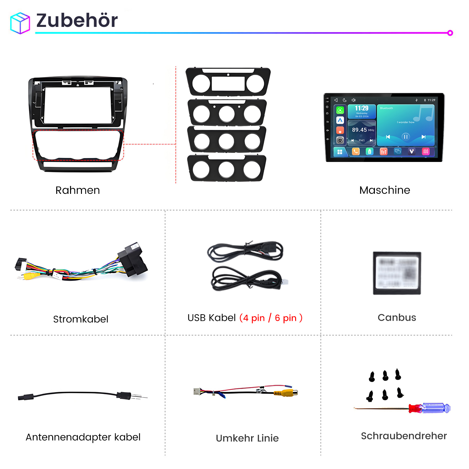 Autoradio-Zubehör mit Rahmen, Haupteinheit, Kabeln, Canbus, Adapter und Schraubendreher.