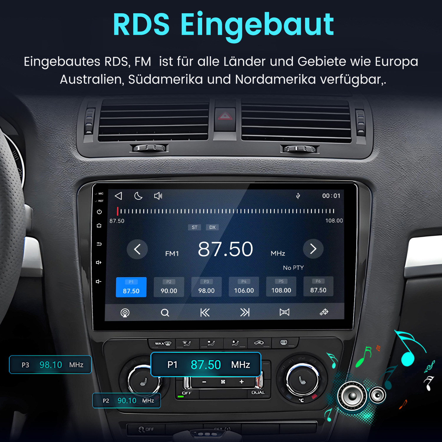 Autoradio mit Touchscreen in Armaturenbrett, FM-Radio Anzeige und Musiknoten.