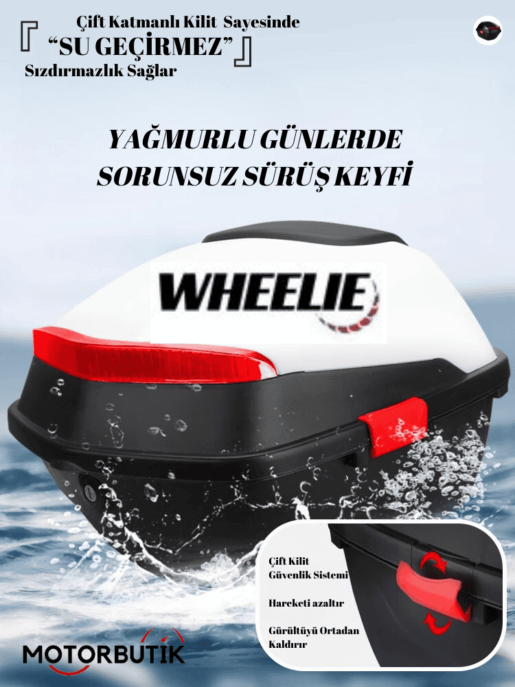 Su üzerinde çift kilit sistemli, su geçirmez Wheelie motosiklet arka çantası.