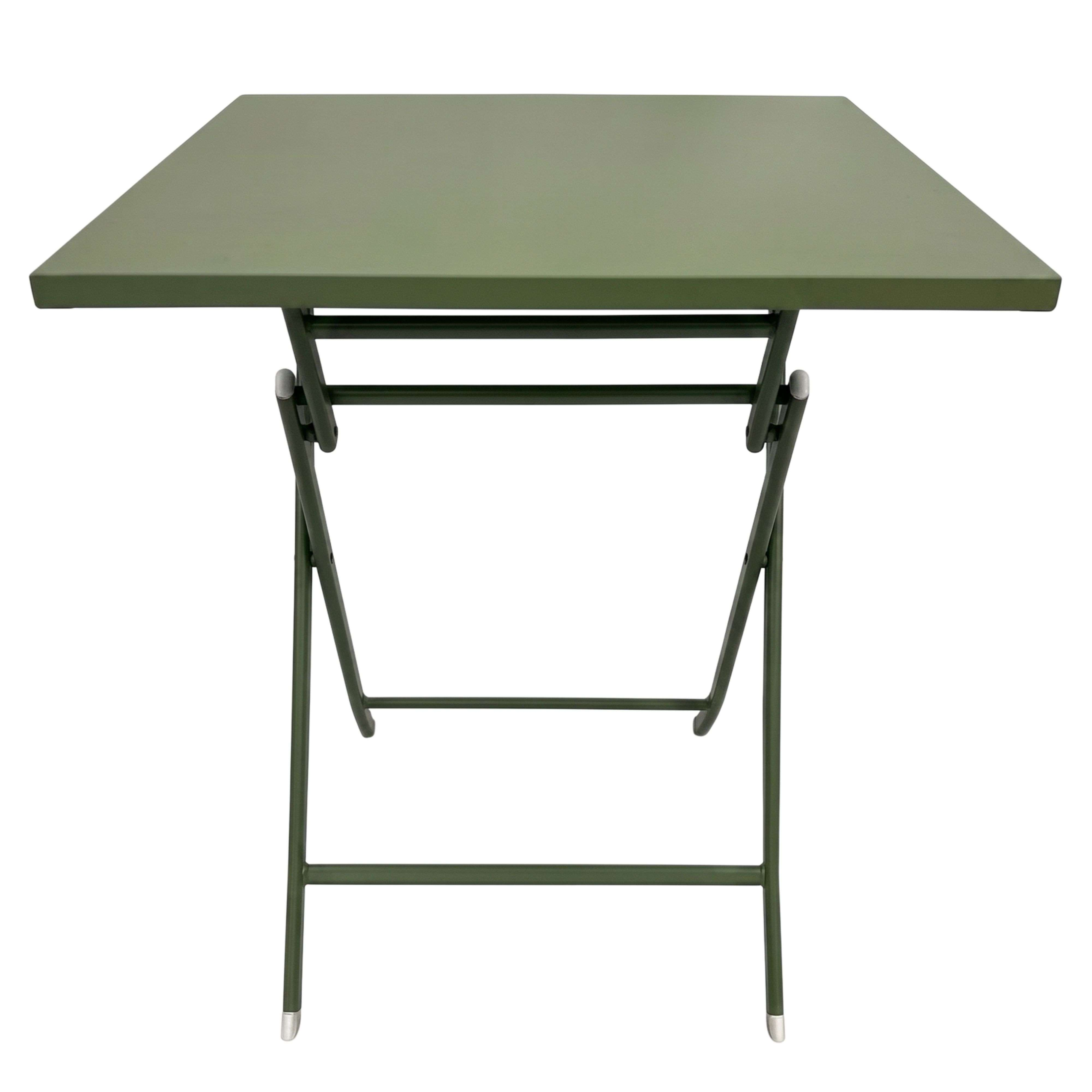 Una mesa plegable verde oliva con estructura metálica sobre fondo blanco.