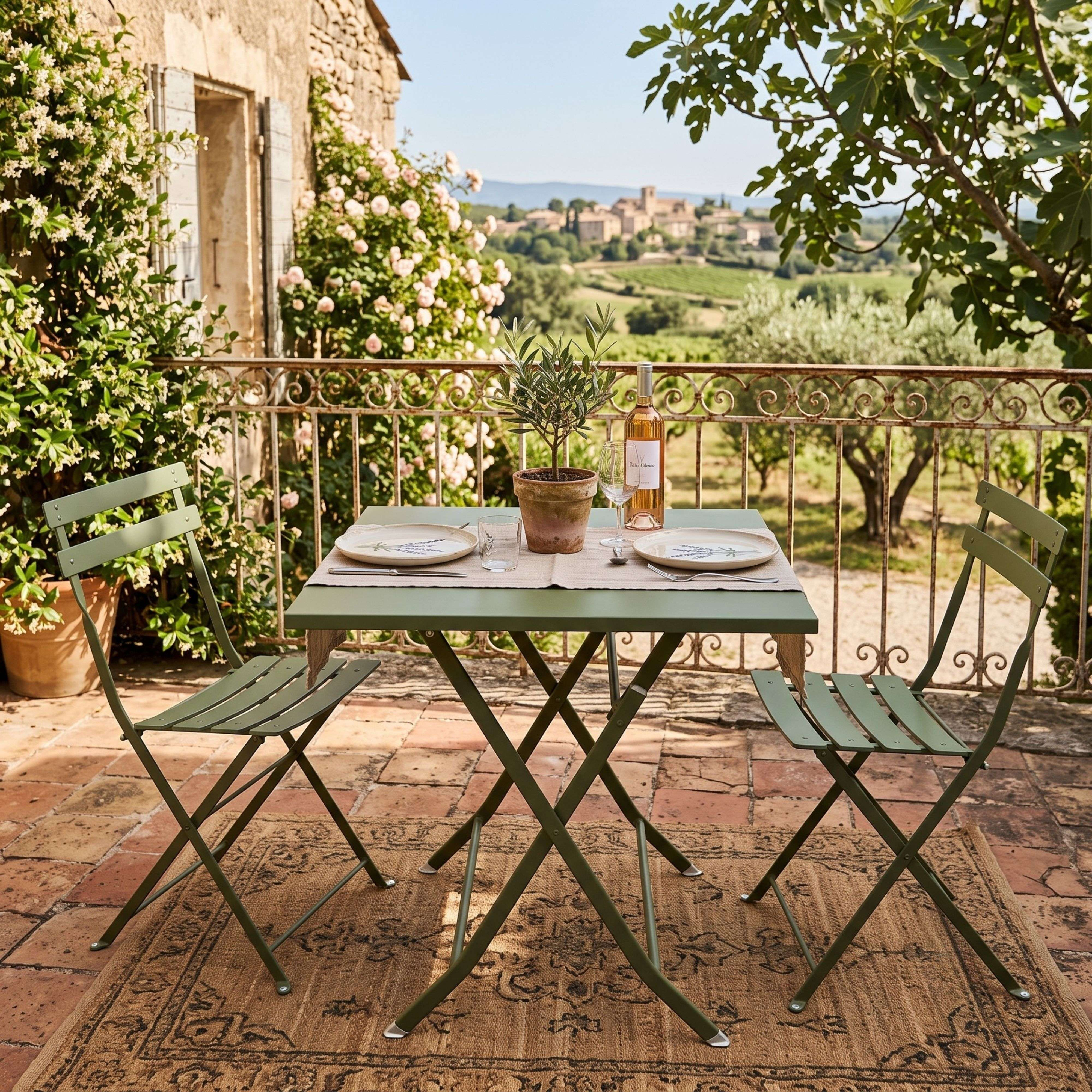Una mesa verde y dos sillas en una terraza con platos y vino, con vistas a un pueblo lejano y al campo.