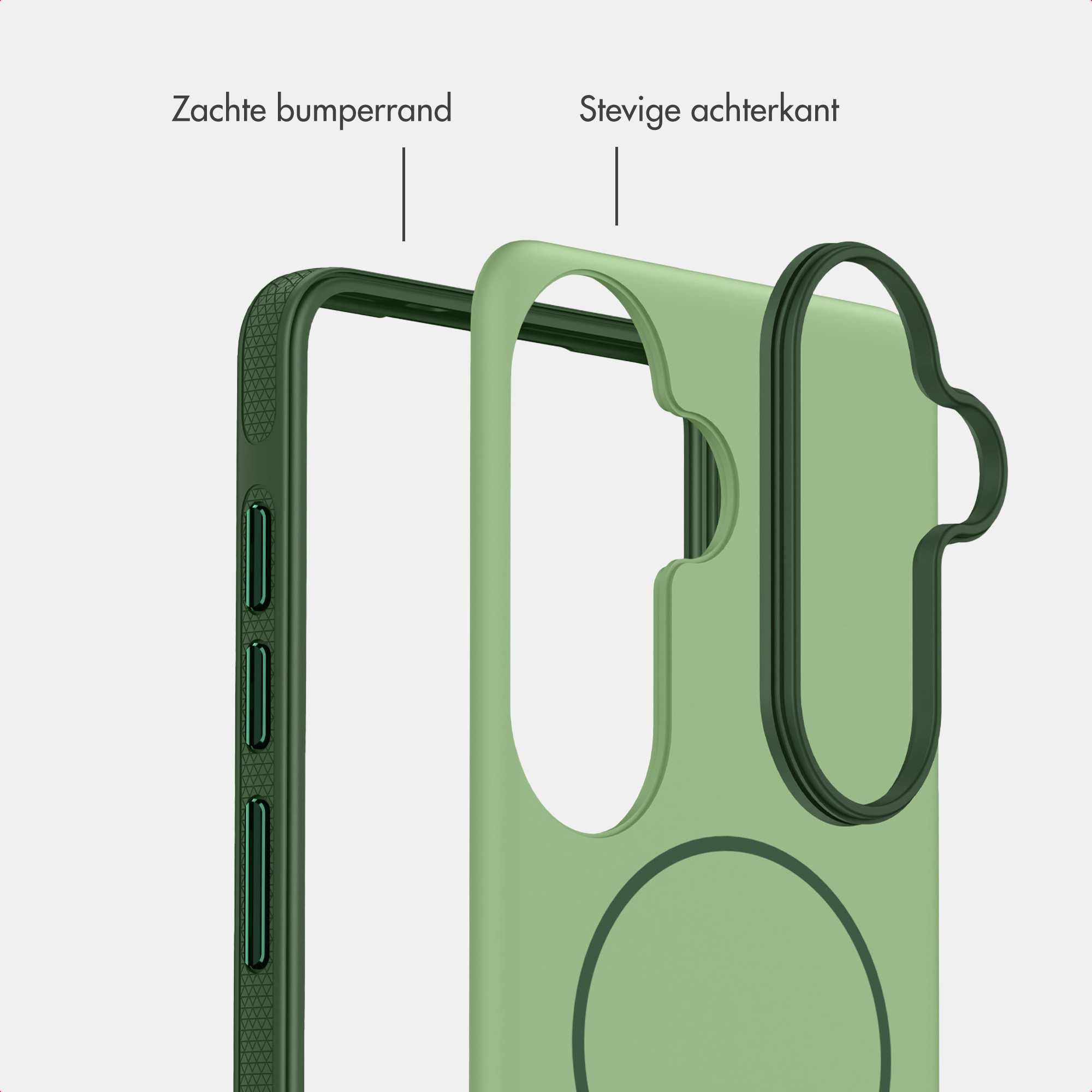 Grüne Handyhülle mit weichem Bumper-Rand und stabiler Rückseite, beschriftet mit niederländischem Text.
