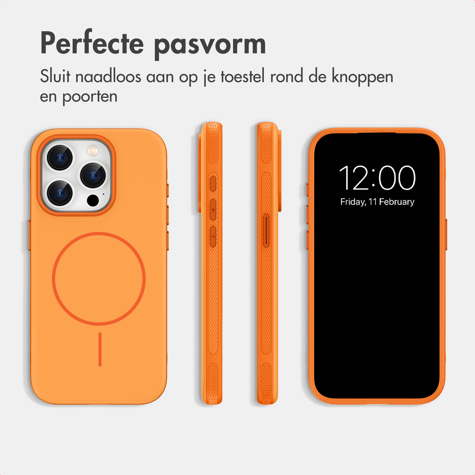 Orangefarbene Handyhülle aus verschiedenen Blickwinkeln mit Text.
