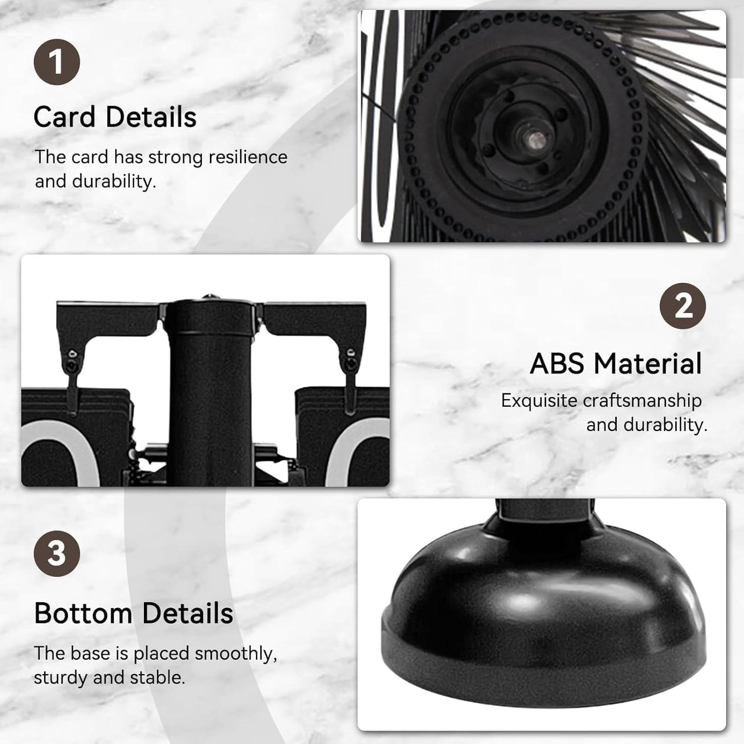 Produktmerkmale zeigen Karten, ABS-Material und stabile Basis.