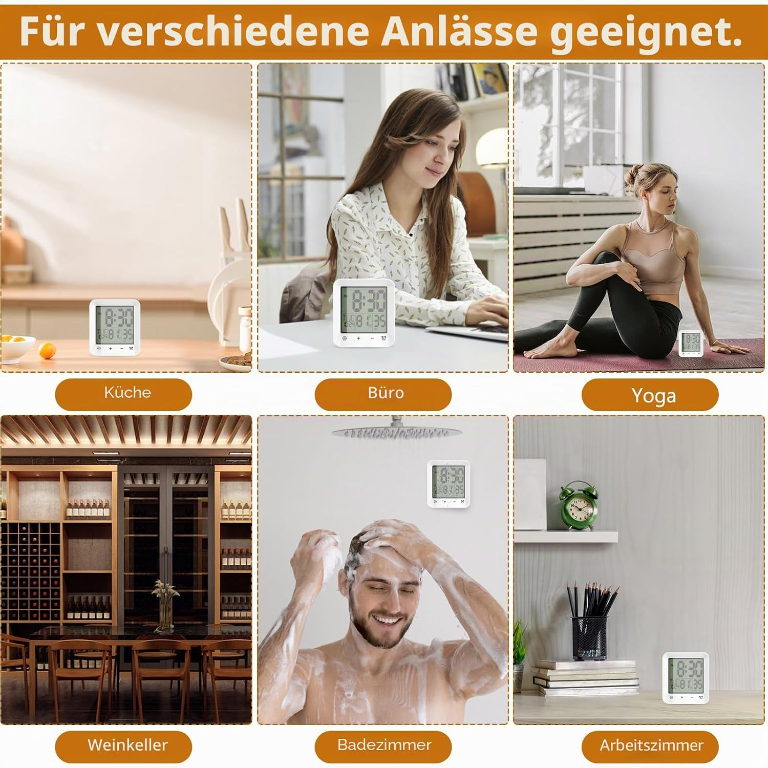 Sechs Bilder zeigen eine kleine weiße Digitaluhr in verschiedenen Alltagsszenen wie Küche, Büro und Bad.