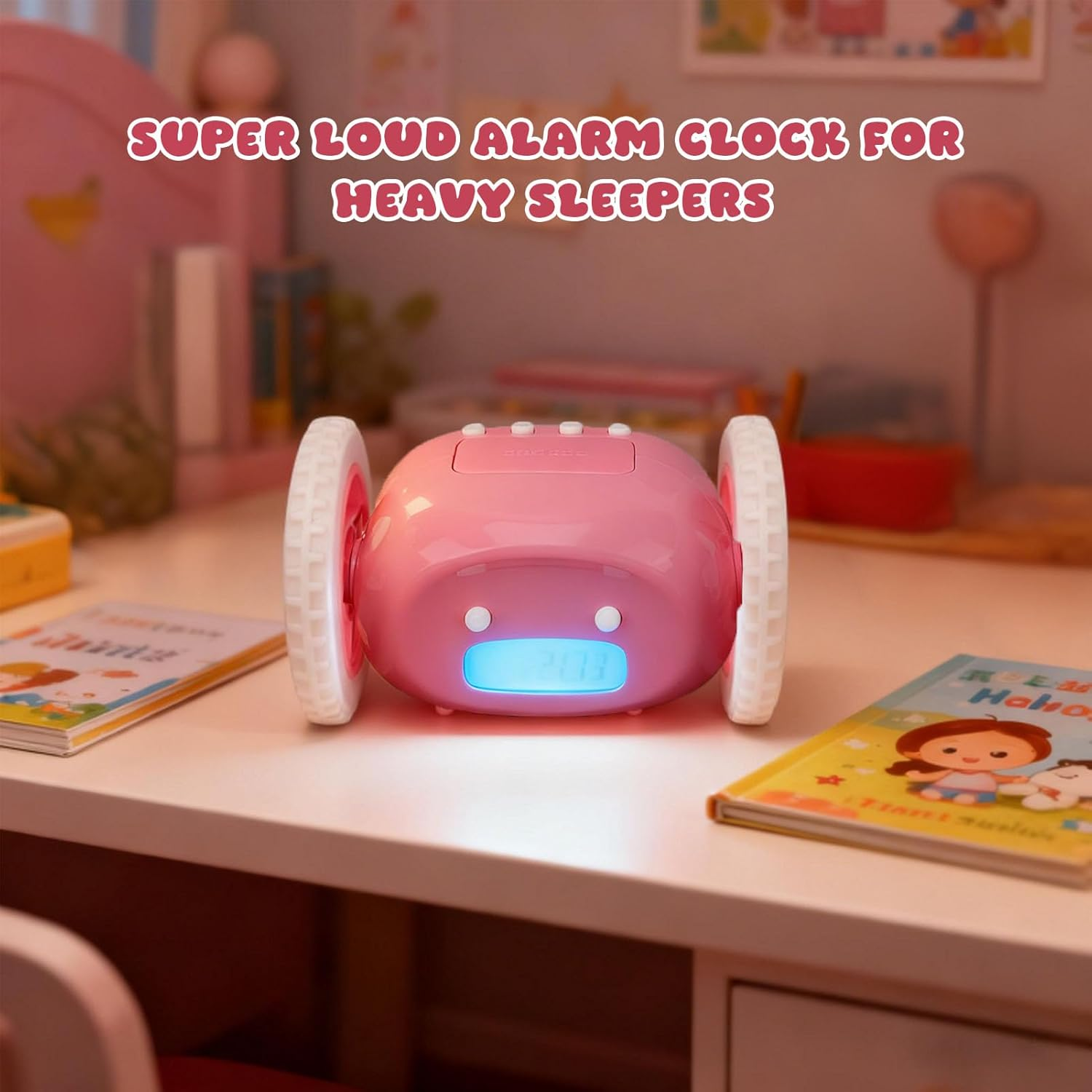 Ein rosafarbener, rollender Wecker steht auf einem Schreibtisch zwischen Kinderbüchern.
