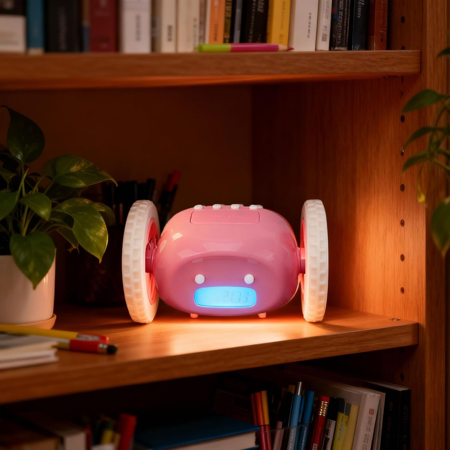 Ein pinker Wecker mit grossen Rädern steht auf einem hölzernen Regal zwischen Pflanzen und Büchern.