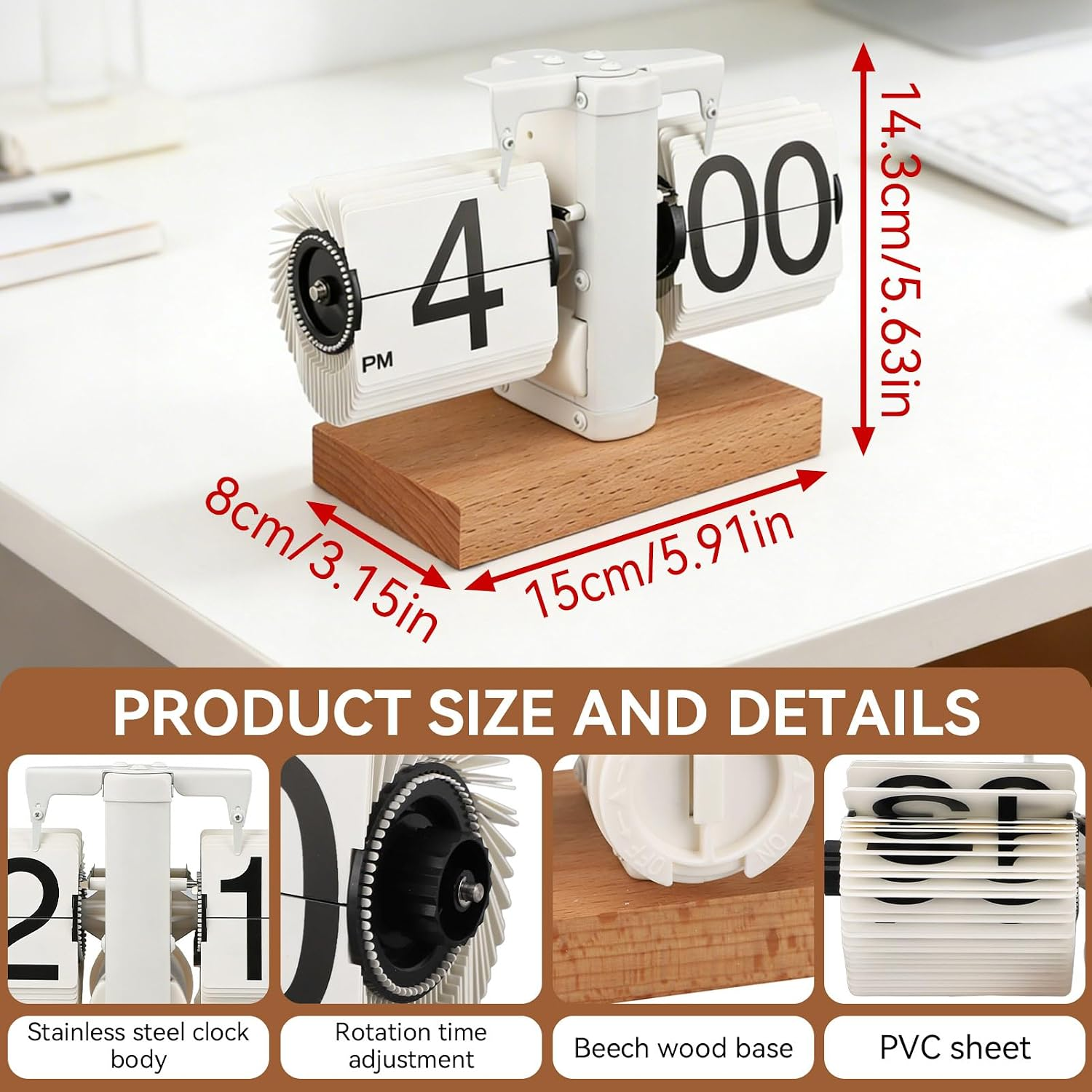 Weiße Flip-Clock auf Holzsockel mit Abmessungen und Detailansichten.