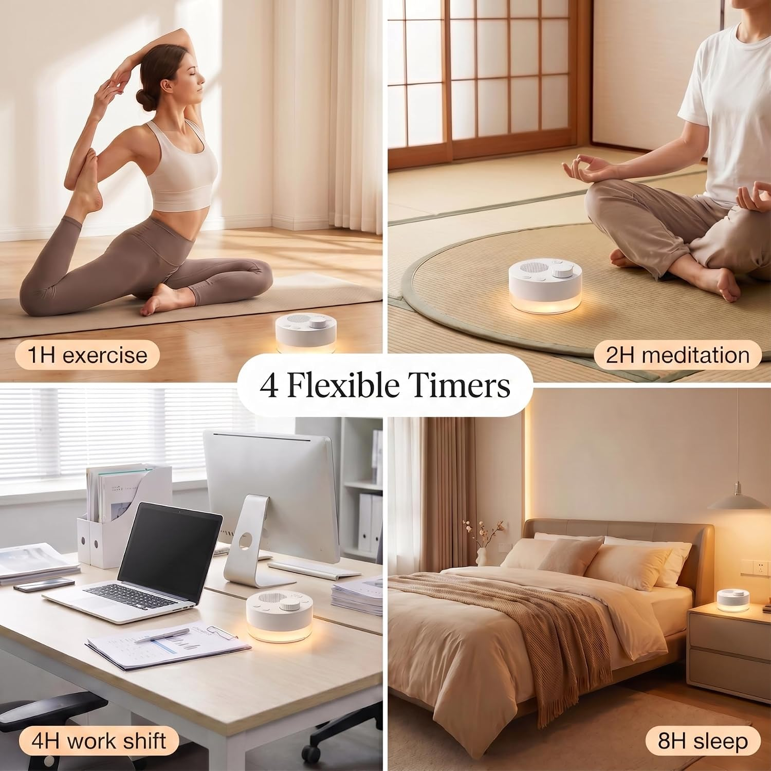 Vier Felder zeigen einen weißen Timer bei Yoga, Meditation, Arbeit und Schlaf.