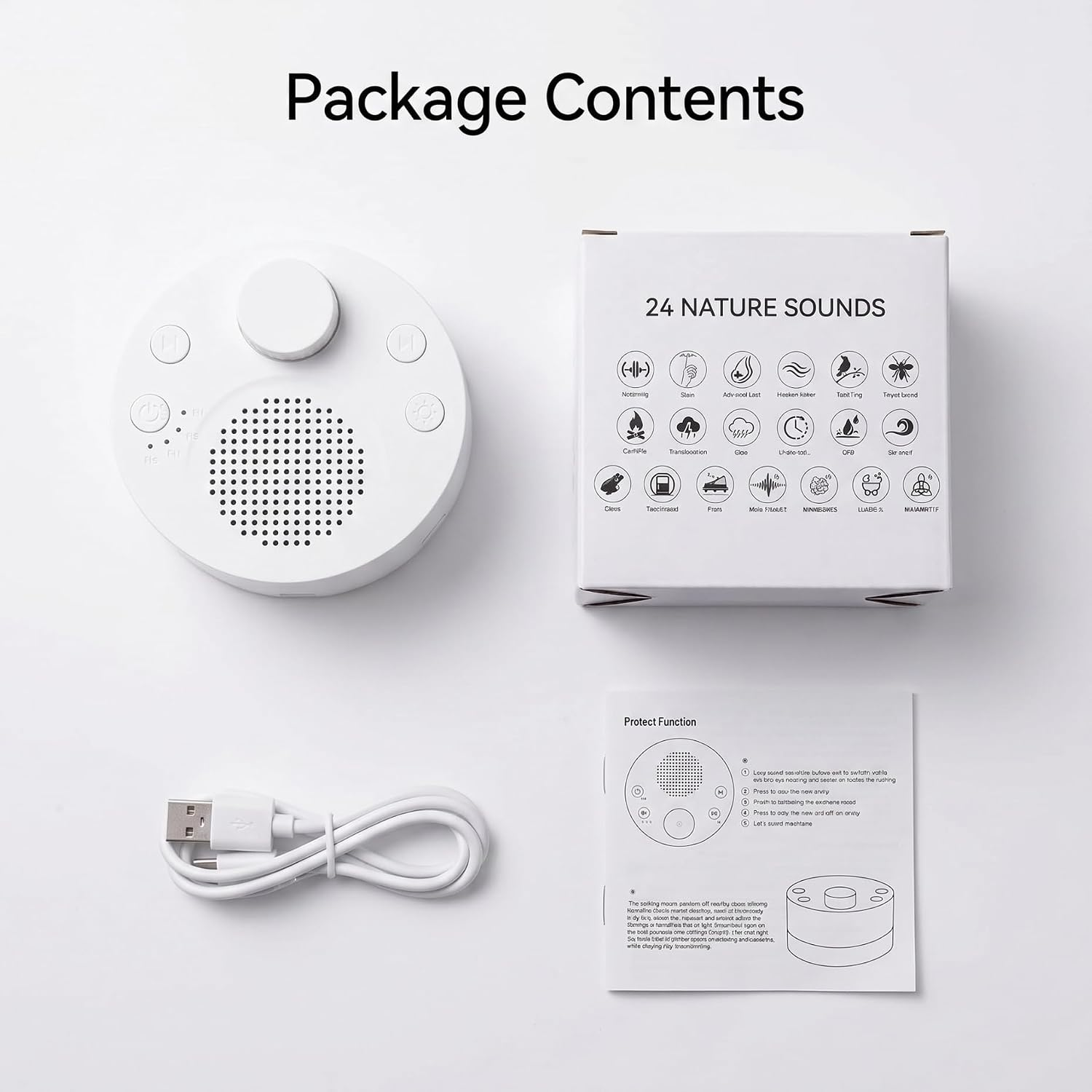 Weißes Klänge-Gerät mit Box, USB-Kabel und Anleitung.