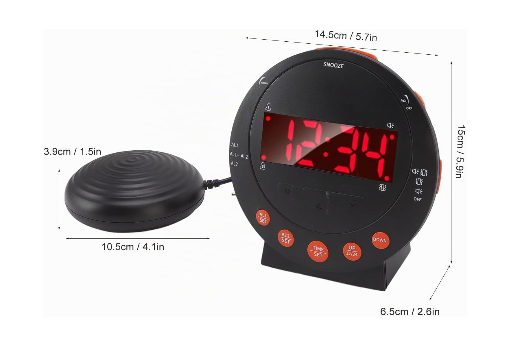 Schwarzer Digitalwecker mit rotem LED-Display und verbundenem runden Bettshaker, mit Maßangaben.