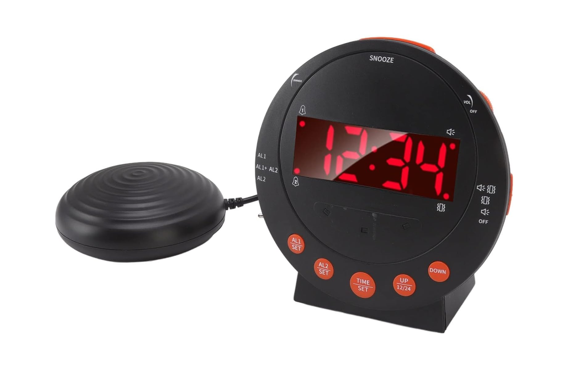 Ein runder, schwarzer Digitalwecker mit rotem LED-Display und einem angeschlossenen Vibrationskissen auf weißem Grund.