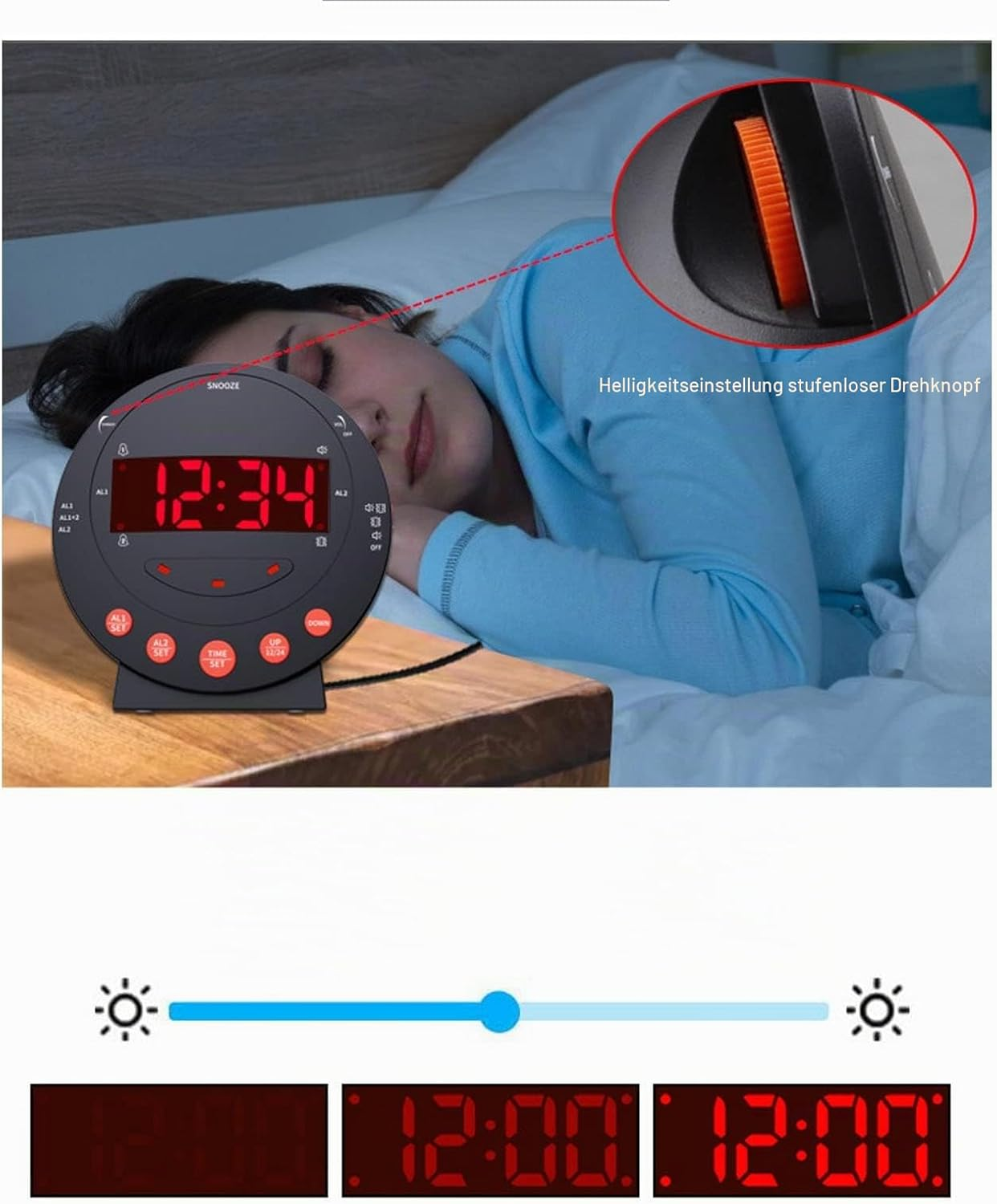 Schwarzer Digitalwecker auf Nachttisch mit Frau im Bett im Hintergrund und Detailansicht des Helligkeitsreglers.
