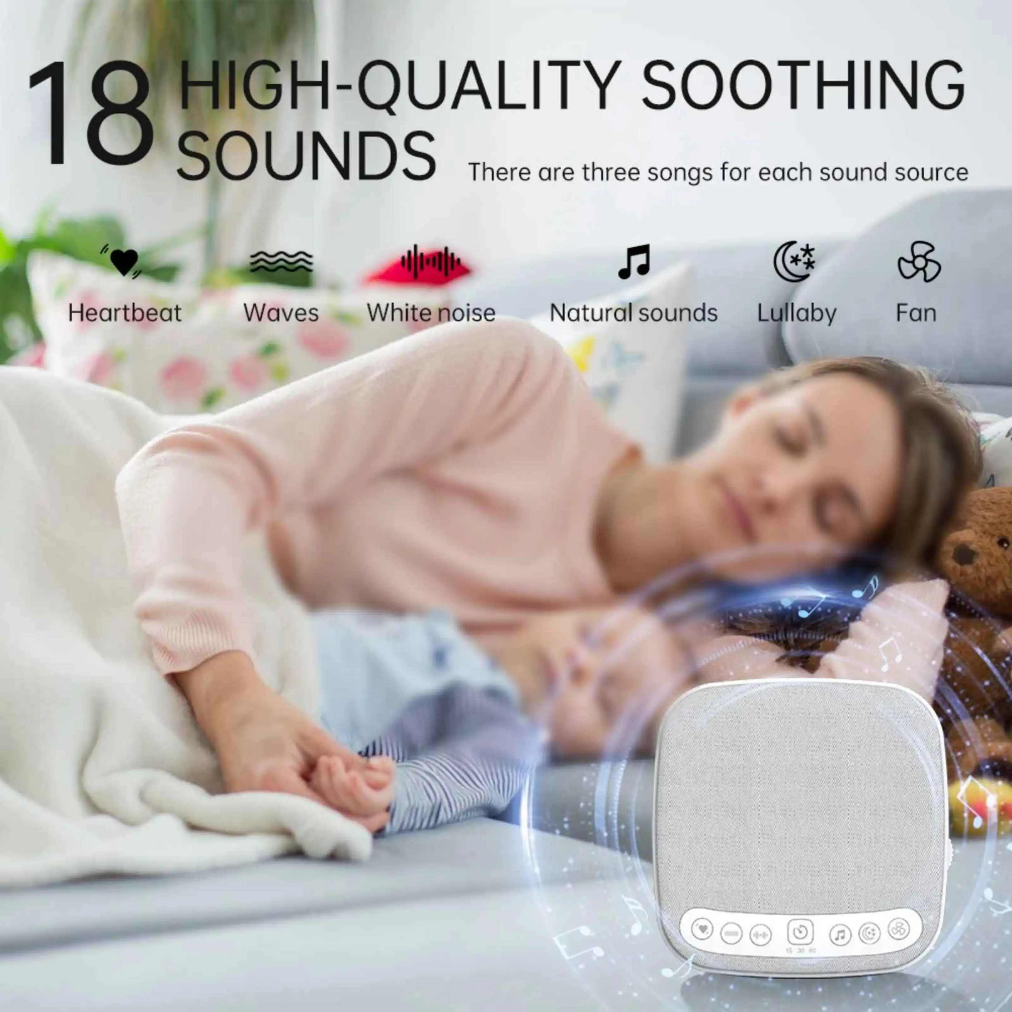 Eine Frau und ein Kind schlafen im Bett neben einem Sound-Gerät für 18 beruhigende Klänge.