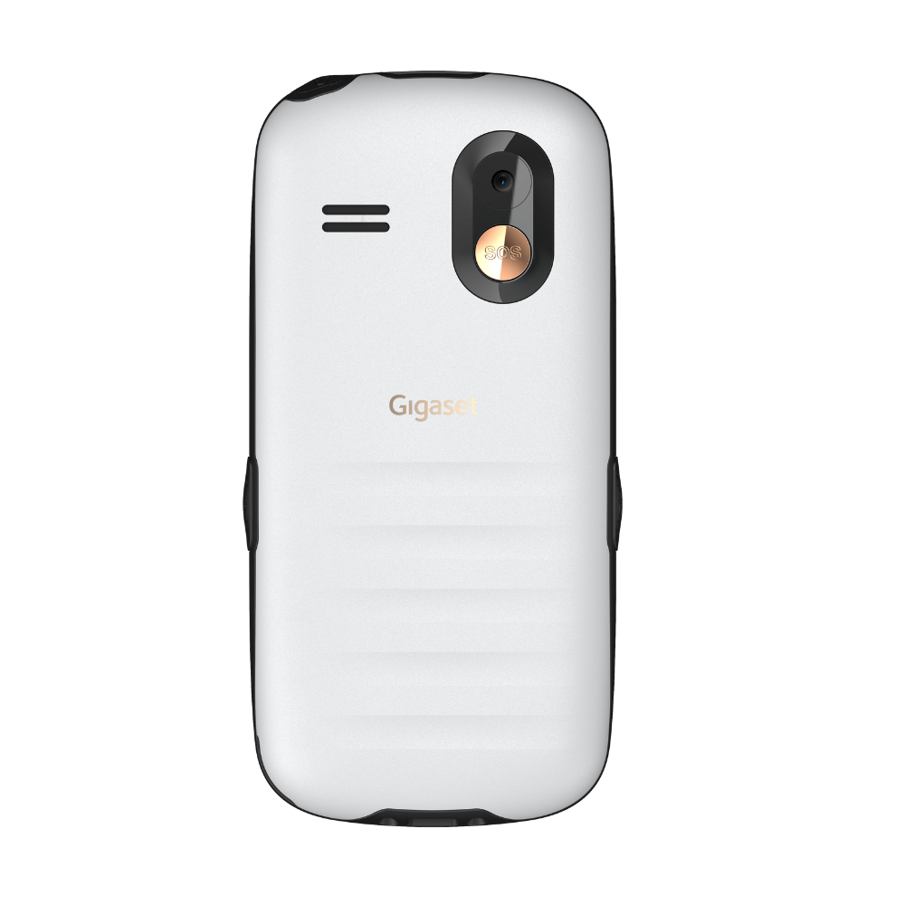 Rückseite eines weißen Gigaset-Mobiltelefons mit Kamera und Notruftaste auf schwarzem Hintergrund.