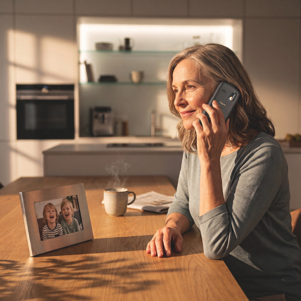 Ältere Frau telefoniert am Holztisch mit Smartphone, neben ihr rauchende Tasse und Bilderrahmen.