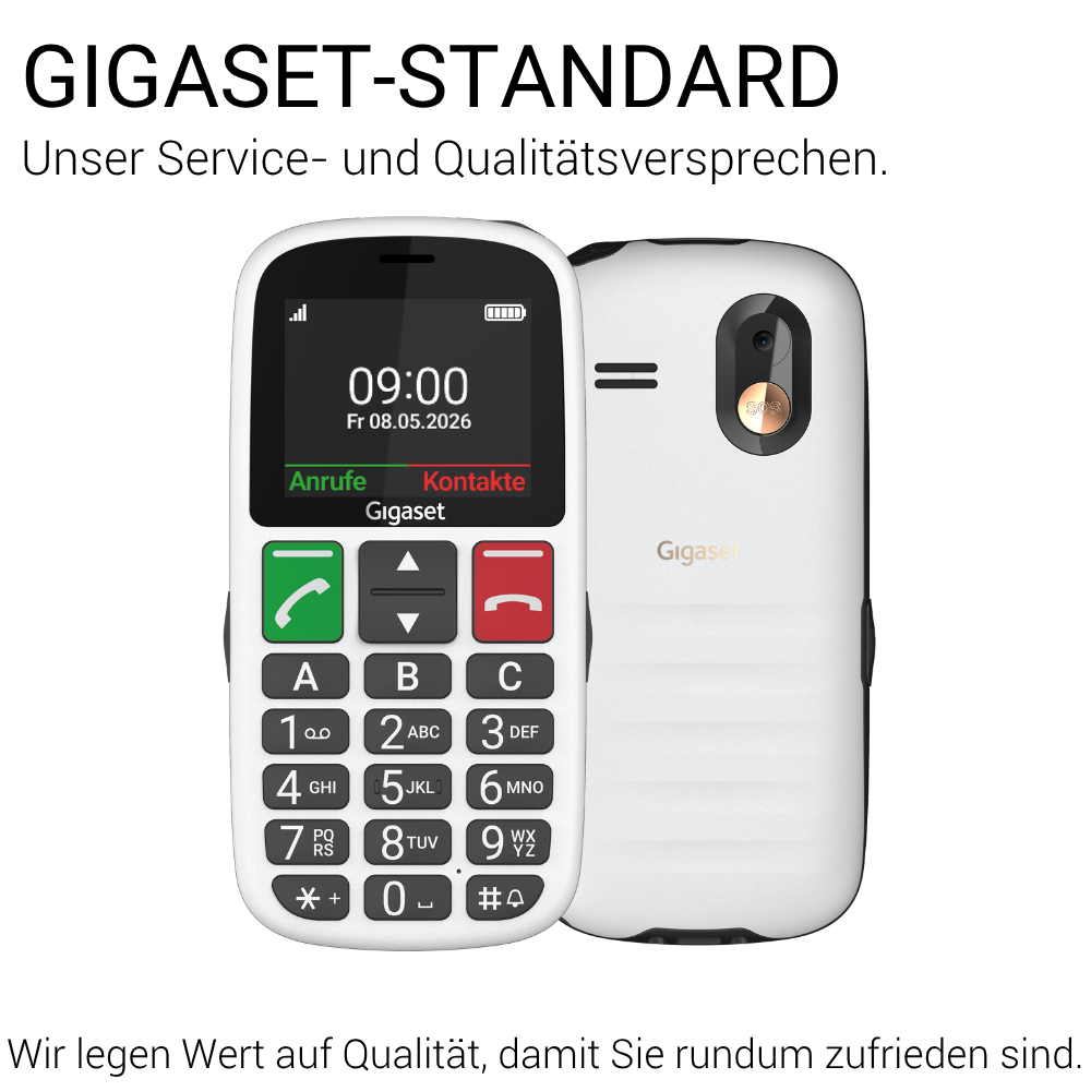 Weißes Gigaset-Seniorenhandy mit großen Tasten und SOS-Knopf.