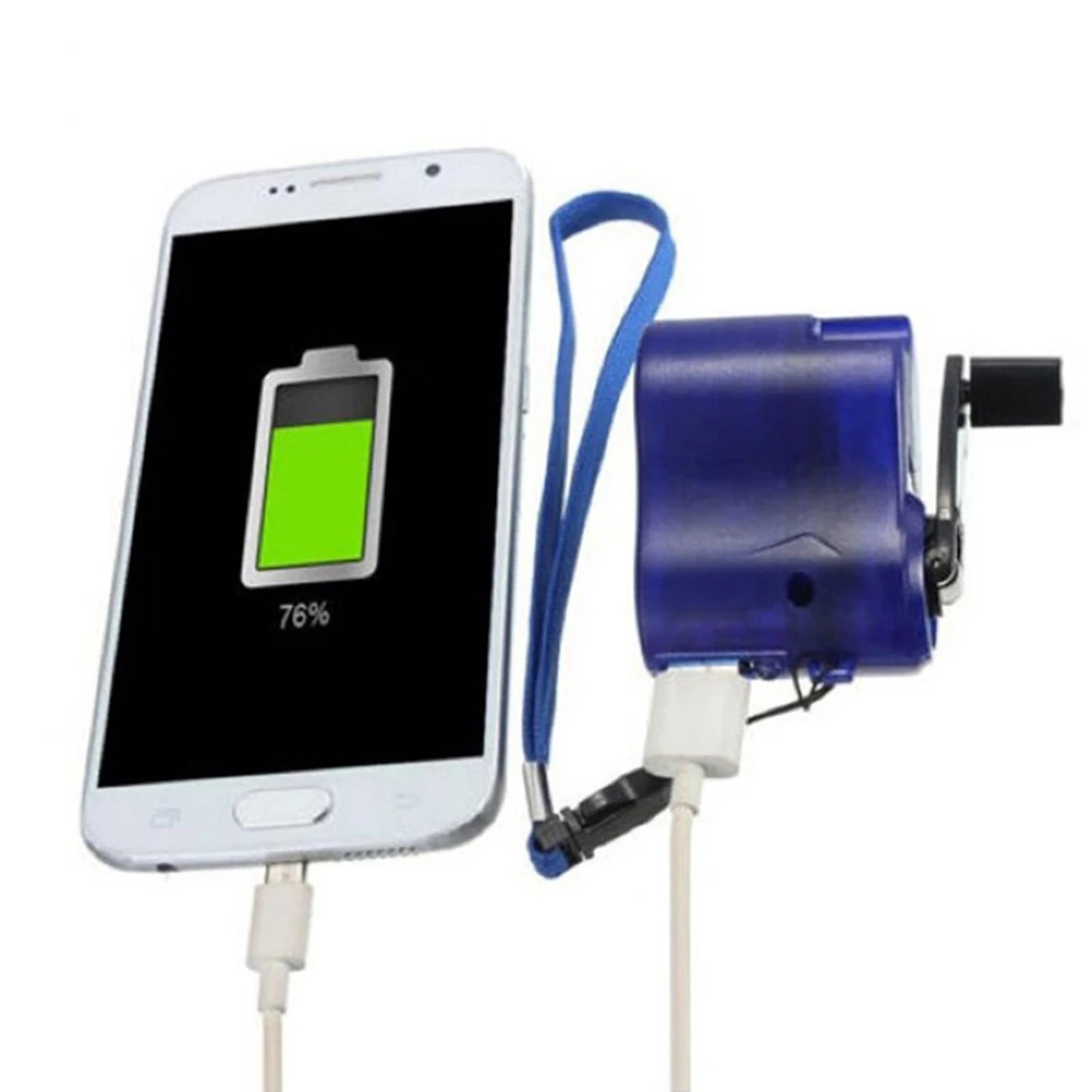 Ein Smartphone, das an ein blaues Handkurbel-Notladegerät angeschlossen ist und 76 Prozent Akku anzeigt.