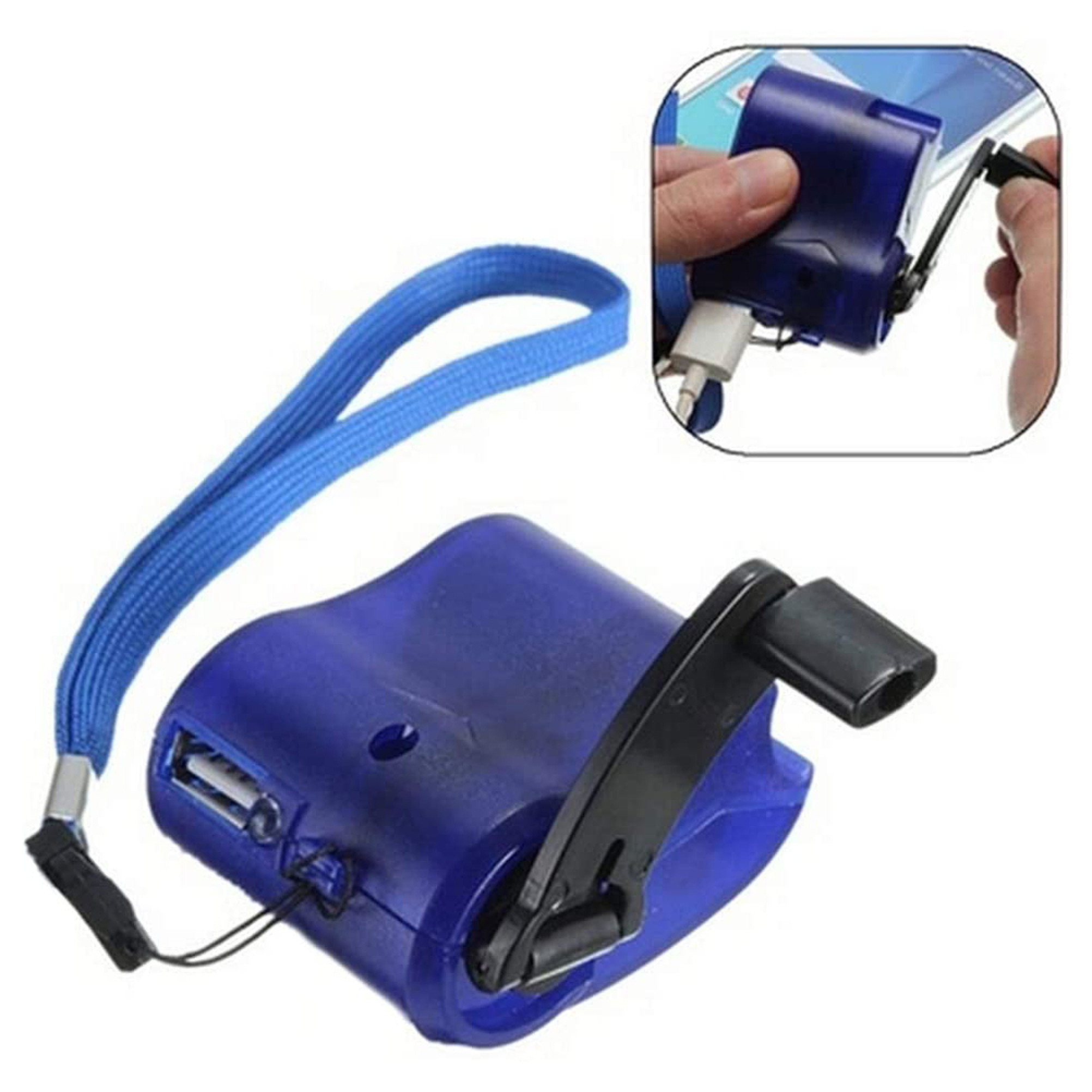 Ein blauer Handkurbel-USB-Notfall-Handylader mit Trageriemen und Einsatzbeispiel.
