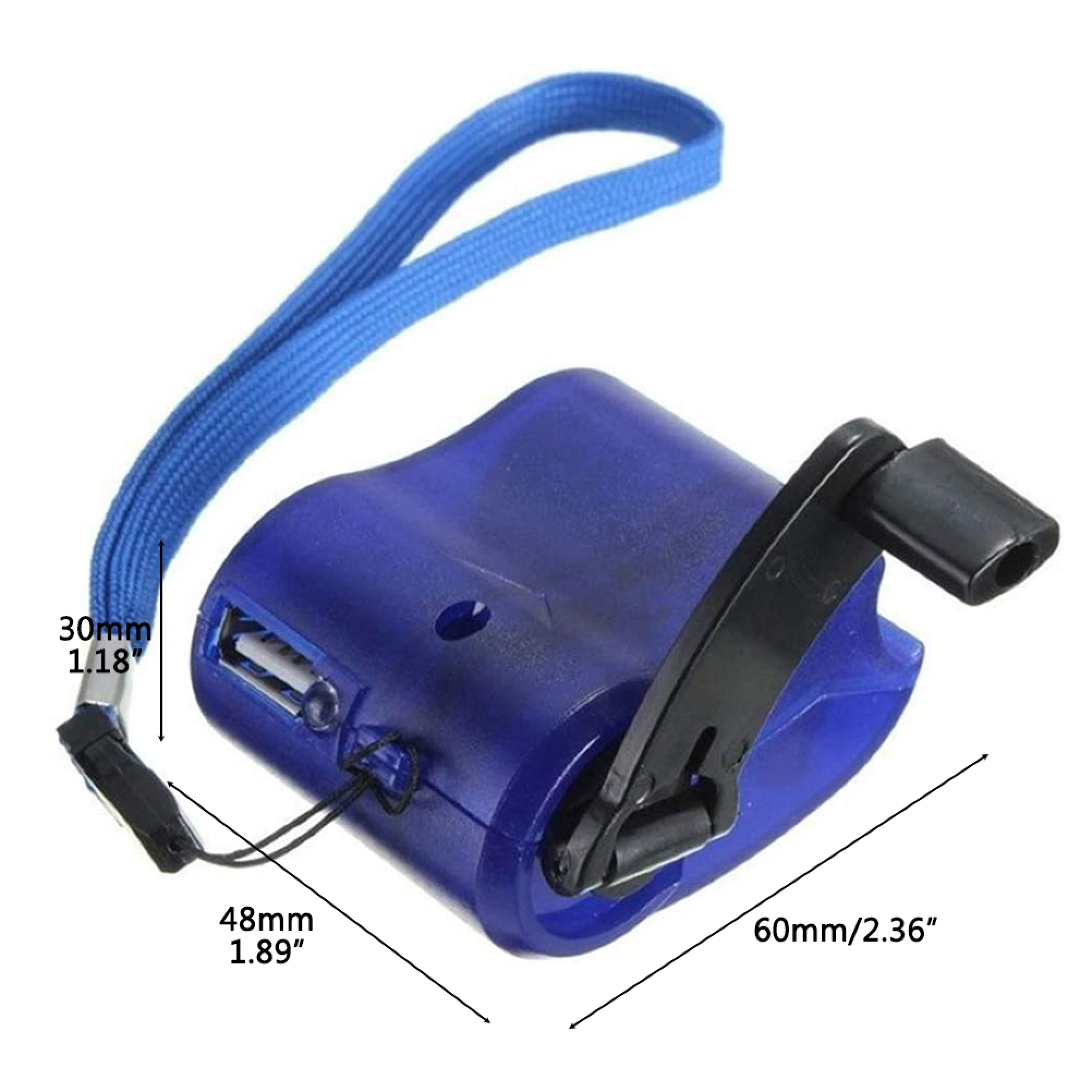 Ein blauer Handkurbel-USB-Notfall-Handy-Ladegerät mit Maßen auf weißem Hintergrund.