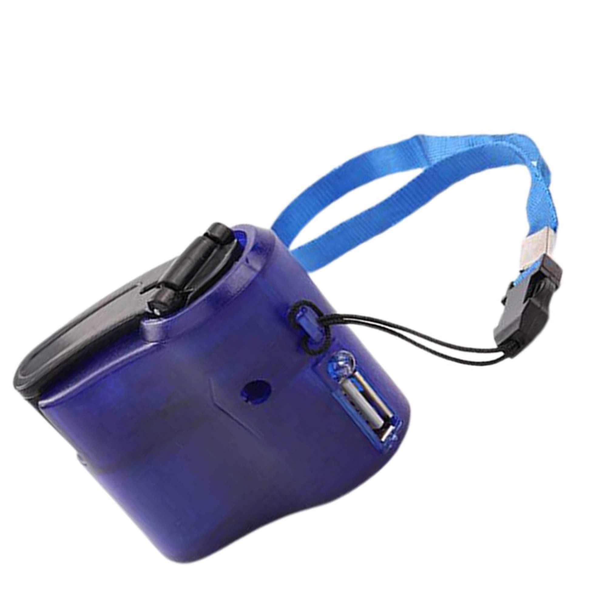 Ein transluzentes blaues Handgelenk-Ladegerät mit schwarzem Deckel und blauem Band gegen einen weißen Hintergrund.
