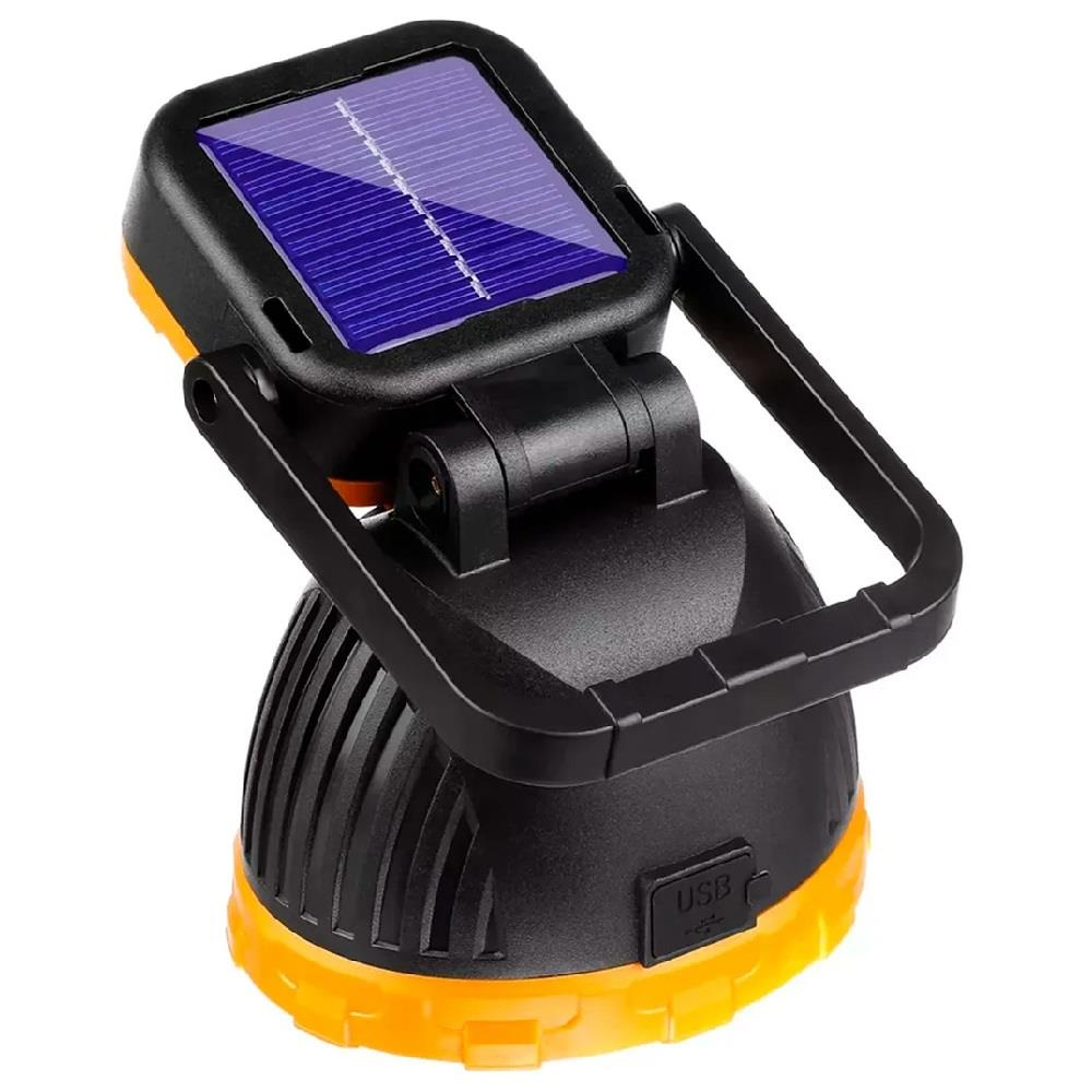 Üst kısmında güneş paneli ve USB bağlantı noktası bulunan siyah ve sarı LED çalışma lambası.