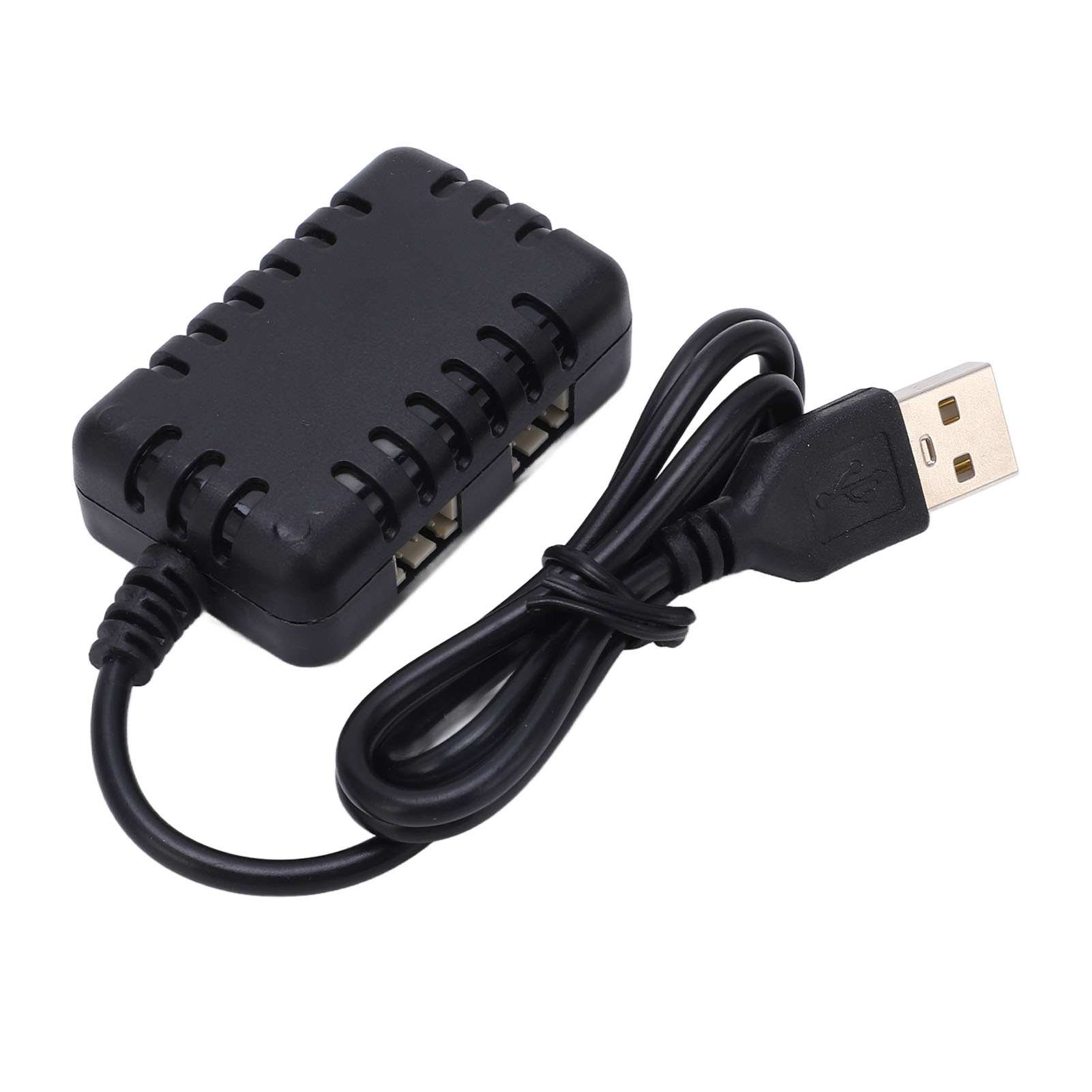 Schwarzes elektronisches Bauteil mit geripptem Gehäuse und angeschlossenem USB-A-Kabel.