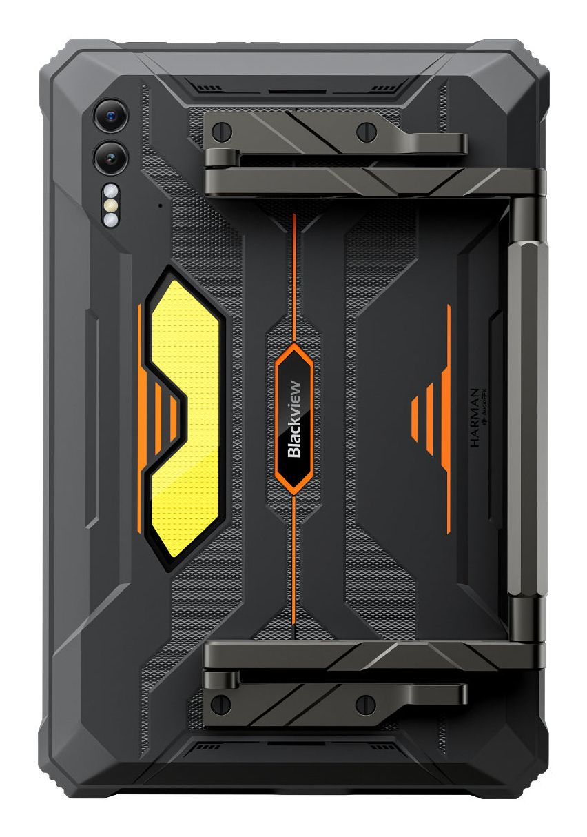 Rückseite eines robusten Blackview-Tablets mit schwarzem Schutzcase, orangefarbenen Akzenten und montierter Halterung.