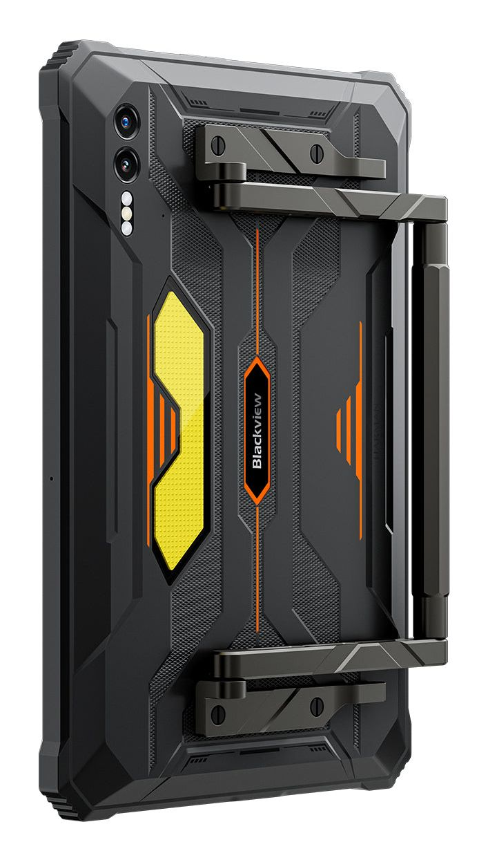 Robuste schwarze Blackview Tablet-Hülle mit gelben Akzenten und integriertem Griff auf der Rückseite.