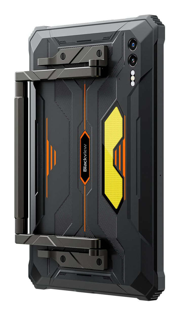Robustes schwarz-oranges Tablet in Schutzhülle mit Griff.